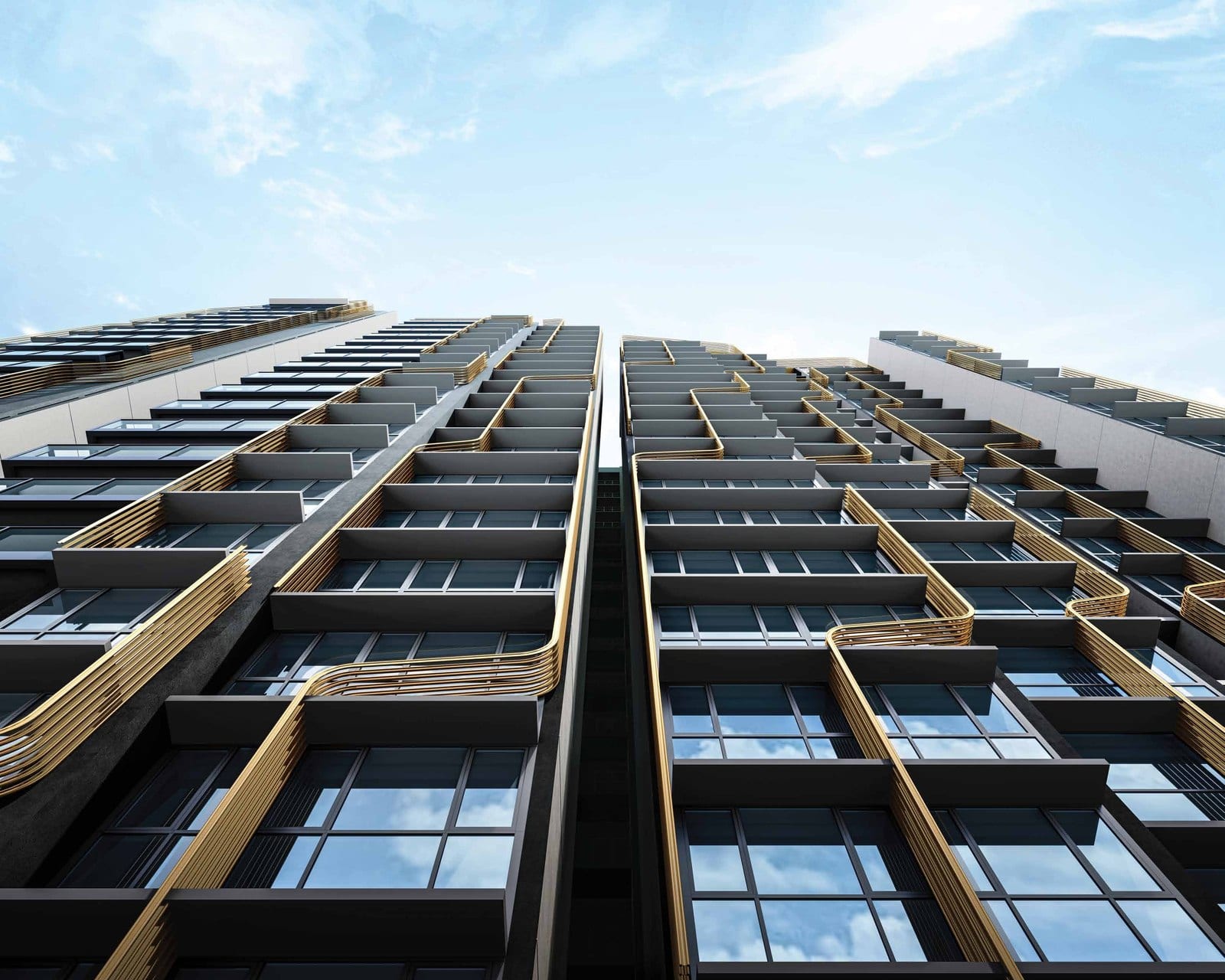 Upward render of 8@BT's twin towers showing the signature gold-ribbon balcony railings against the sky — the boutique Bukit Timah development in District 21.