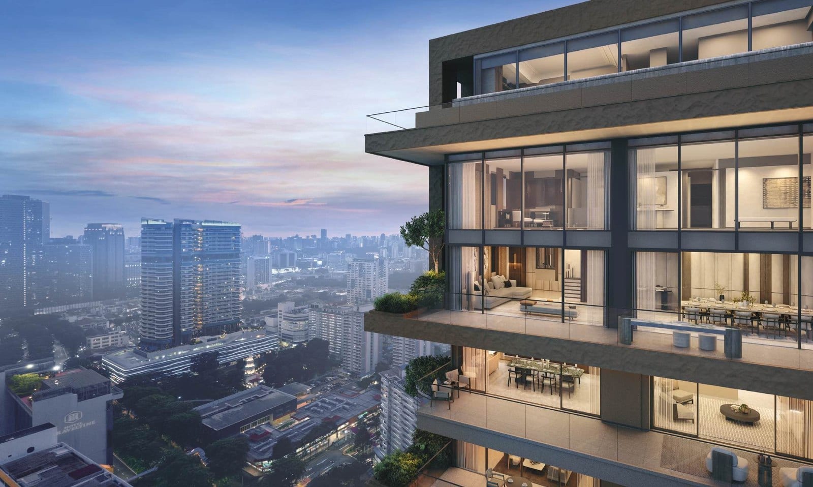 Dusk render of the Aurea residential tower's terraced glass facade and sky terraces above the Beach Road and Kallang Basin district, in District 7.
