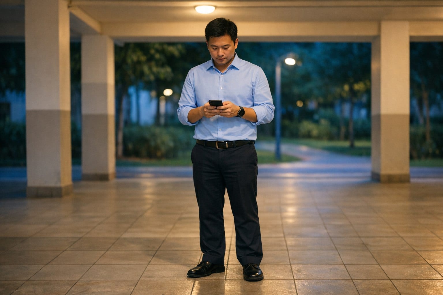 A property agent checking his phone in the void deck of an HDB block in the early evening.