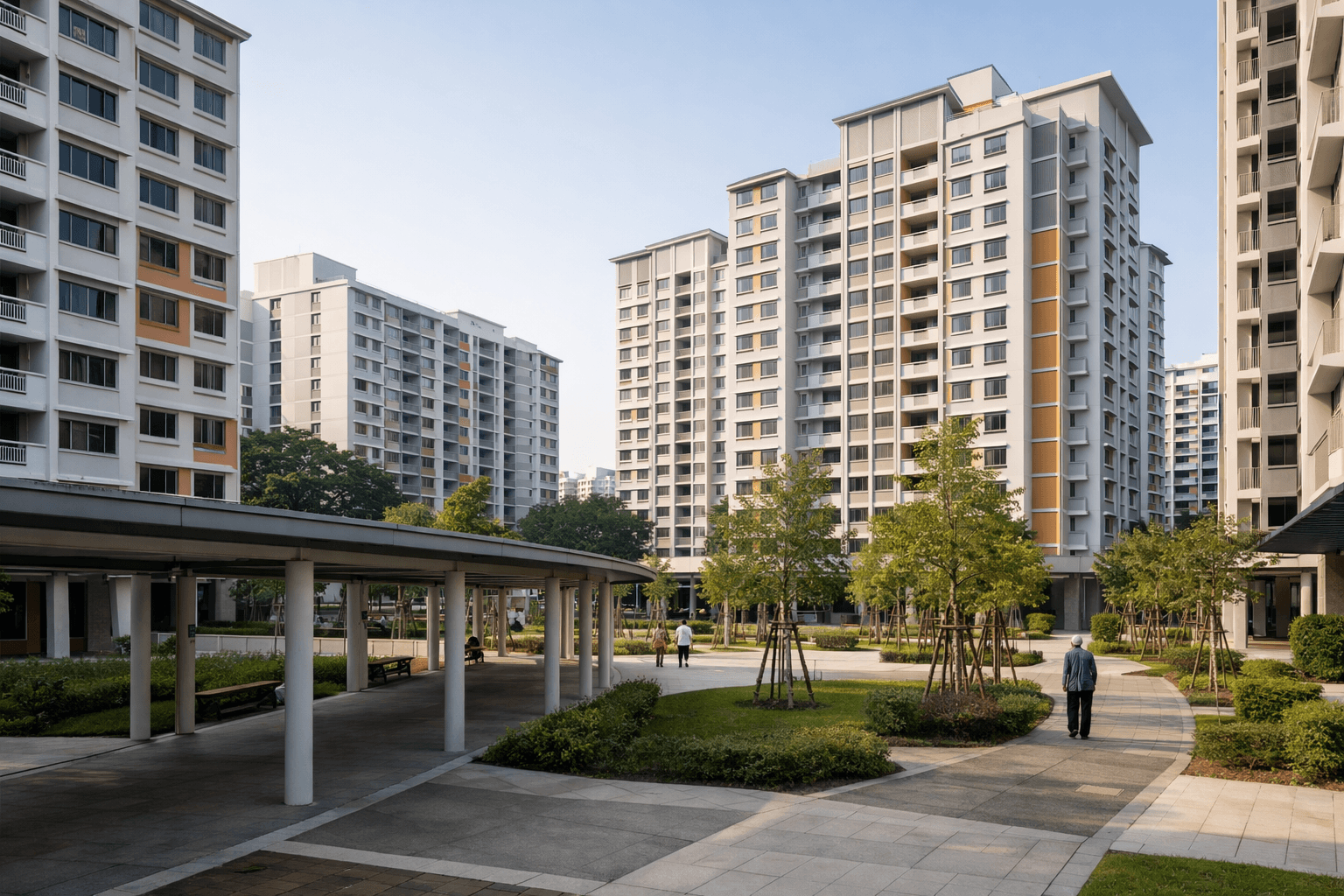 New HDB blocks in a Singapore estate on a clear morning, with a landscaped courtyard.