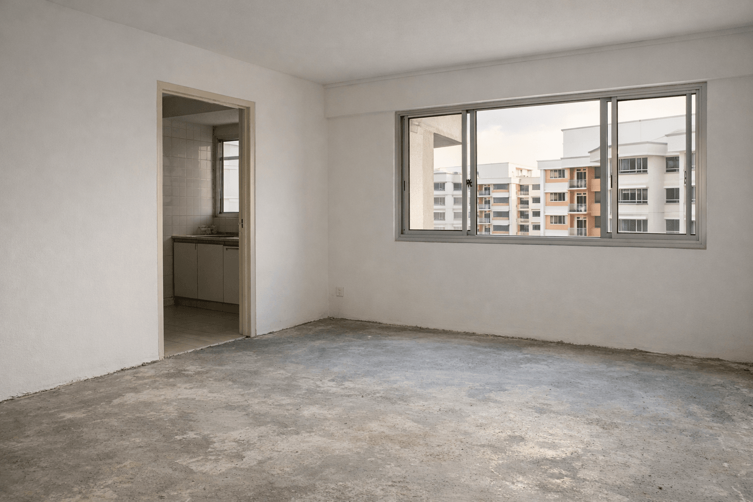 An empty new HDB flat before renovation: bare floor, white walls and aluminium-framed windows in afternoon light.
