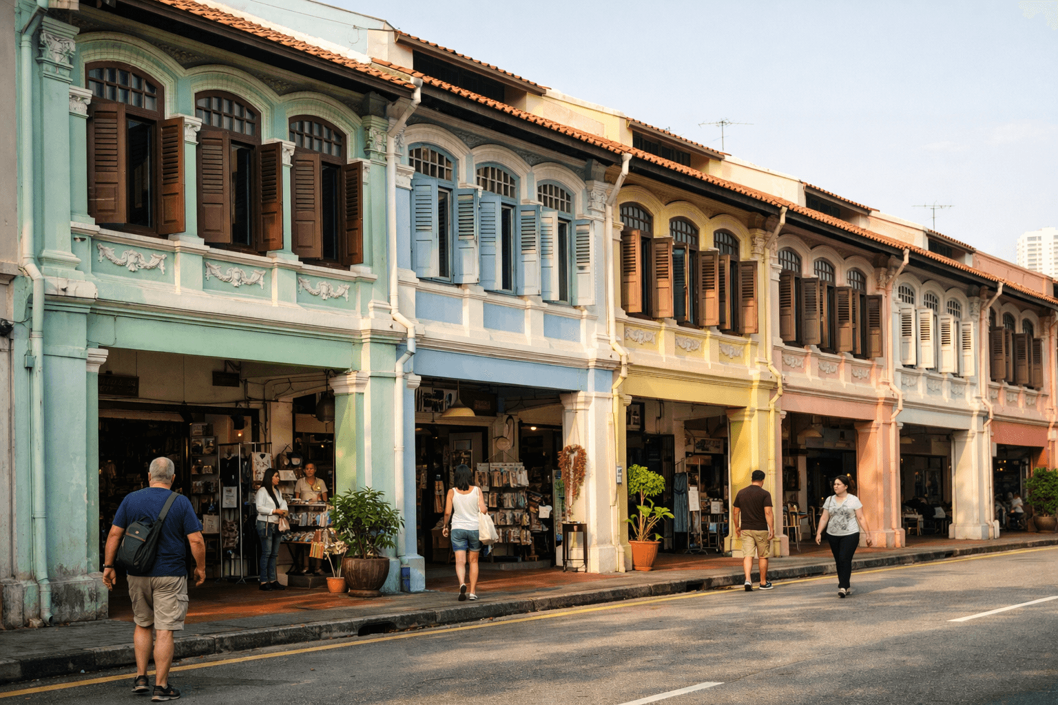 A row of restored two-storey shophouses with shops at street level in Singapore.