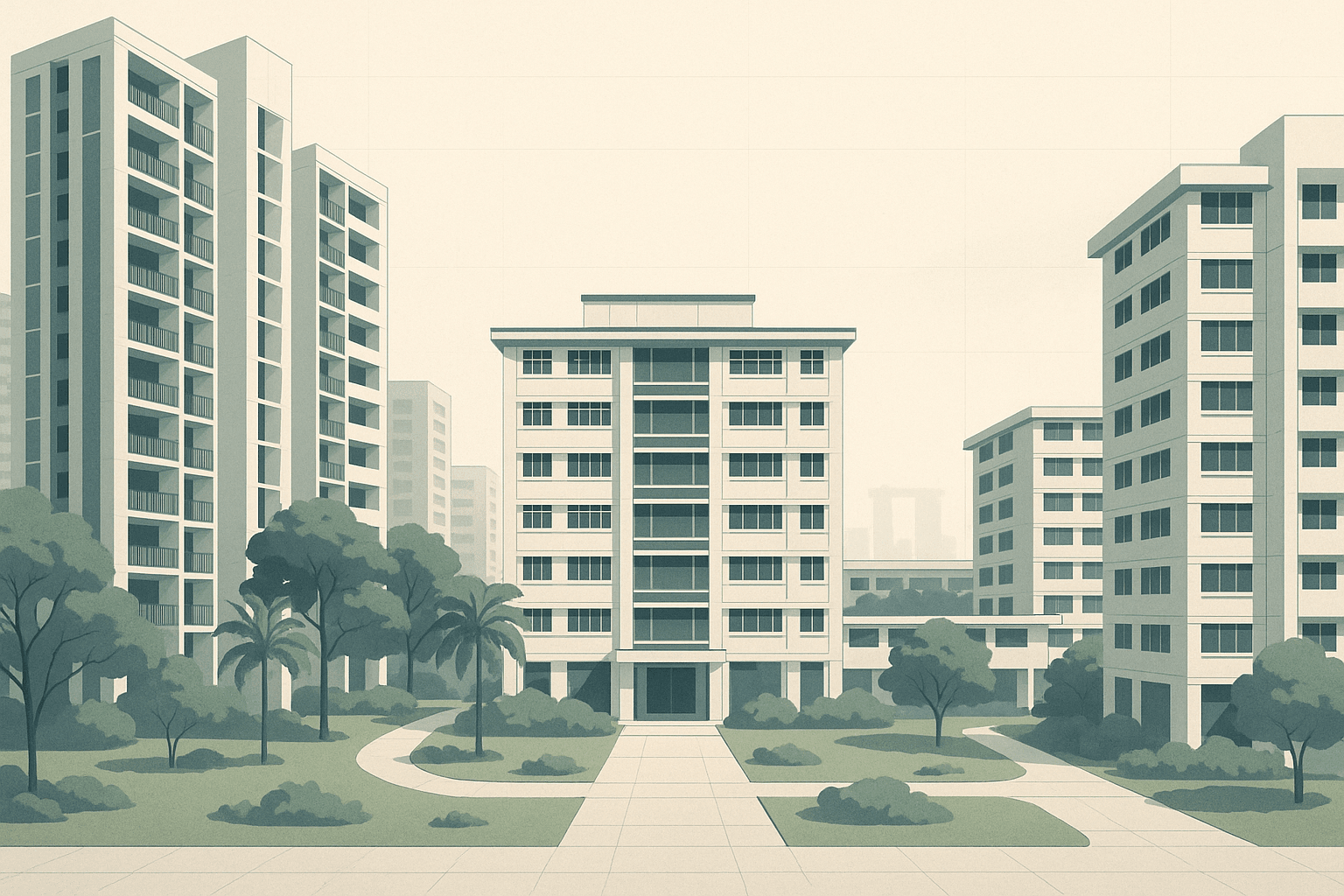 Editorial illustration of Singapore condominium towers and HDB blocks around a landscaped courtyard, rendered in calm navy and slate tones with subtle structured linework and tropical greenery.