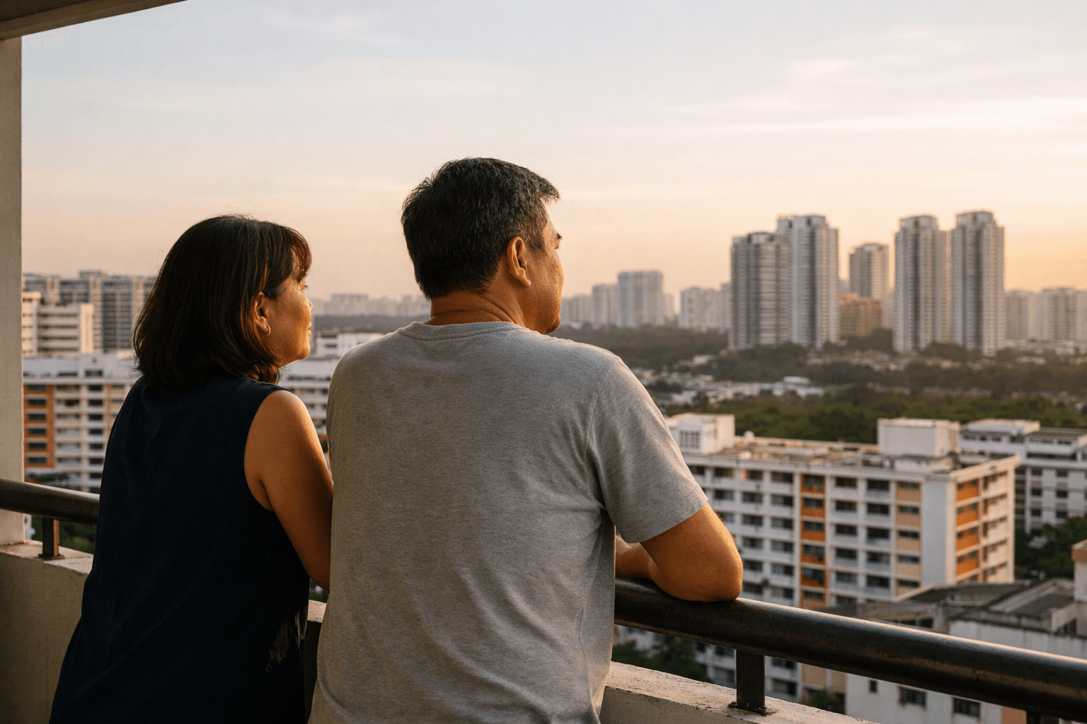 A couple looking out from the balcony of their high-rise home over Singapore's housing estates.