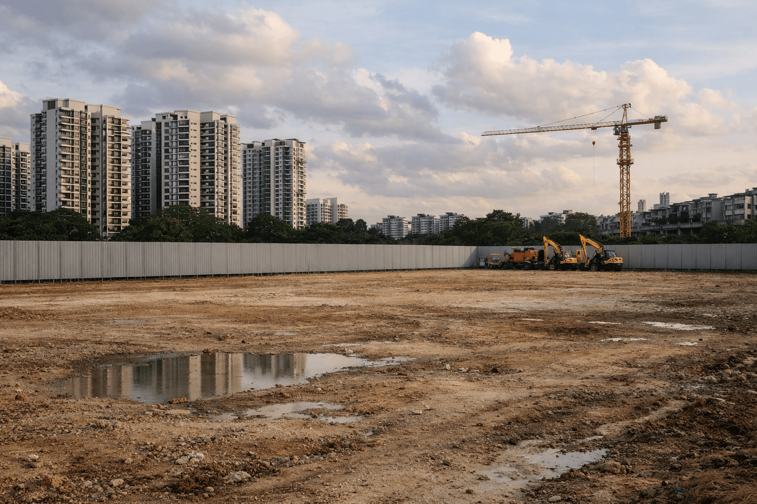 A cleared, fenced plot of land ready for development, with apartment blocks and a construction crane behind it in Singapore.