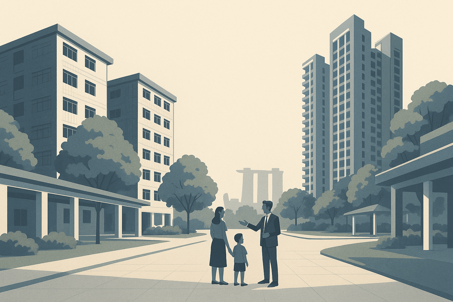 A Singapore property agent with a couple at a quiet residential junction between HDB blocks and condominium towers, framed by tropical greenery and a faint city skyline in soft morning light.