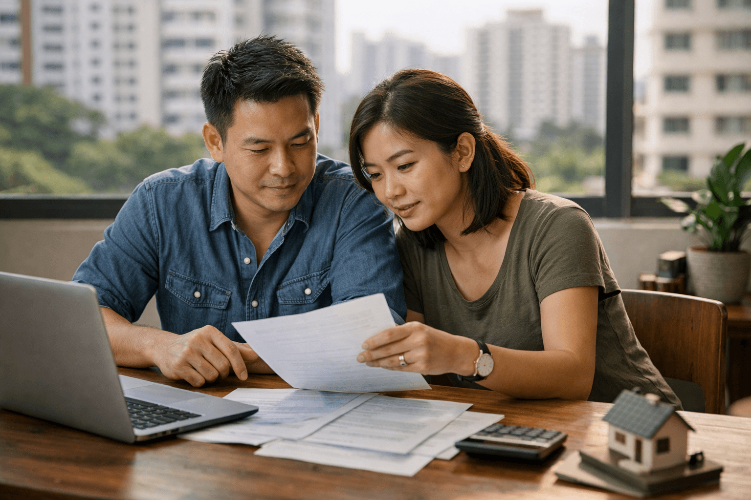 A young Singaporean couple planning a home purchase at their dining table, with residential blocks visible through the window.