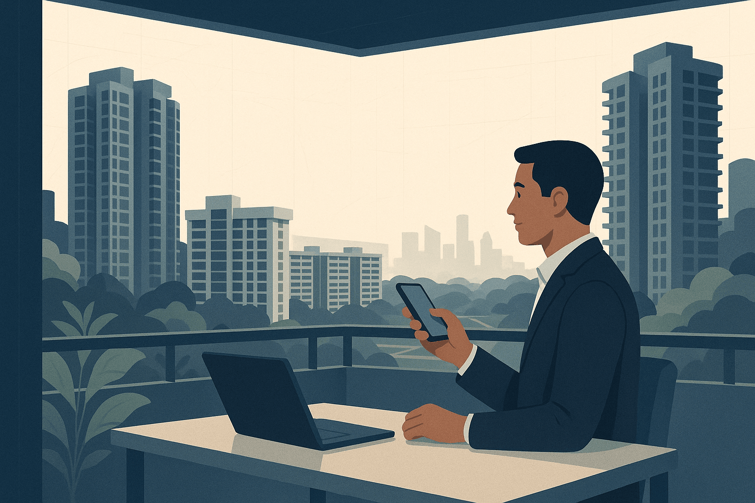 A Singapore property agent seated by a window with a phone and laptop, overlooking a calm residential skyline of condominium towers, HDB blocks, and tropical greenery.