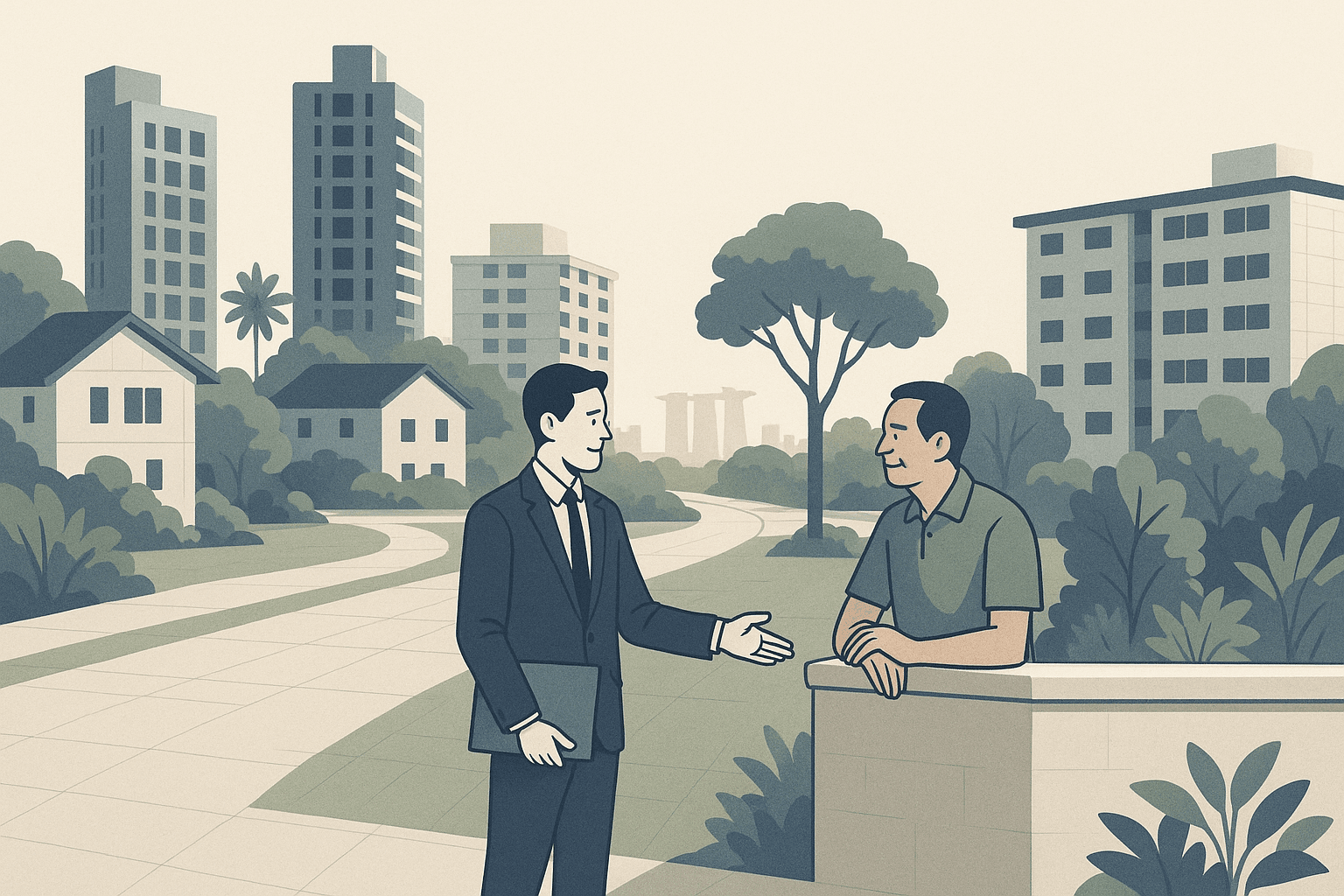 A Singapore property agent speaking with a homeowner in a quiet mixed estate, with HDB blocks, condominium towers, tropical greenery, and a calm city skyline in the background.