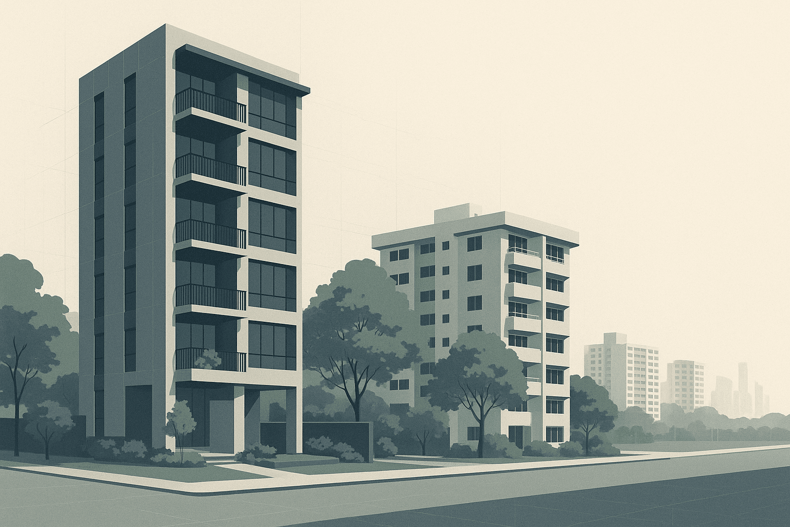 Editorial illustration of a sleek new condominium beside a mature resale condo, with tropical greenery, distant HDB blocks, and a subtle Singapore skyline in the background.