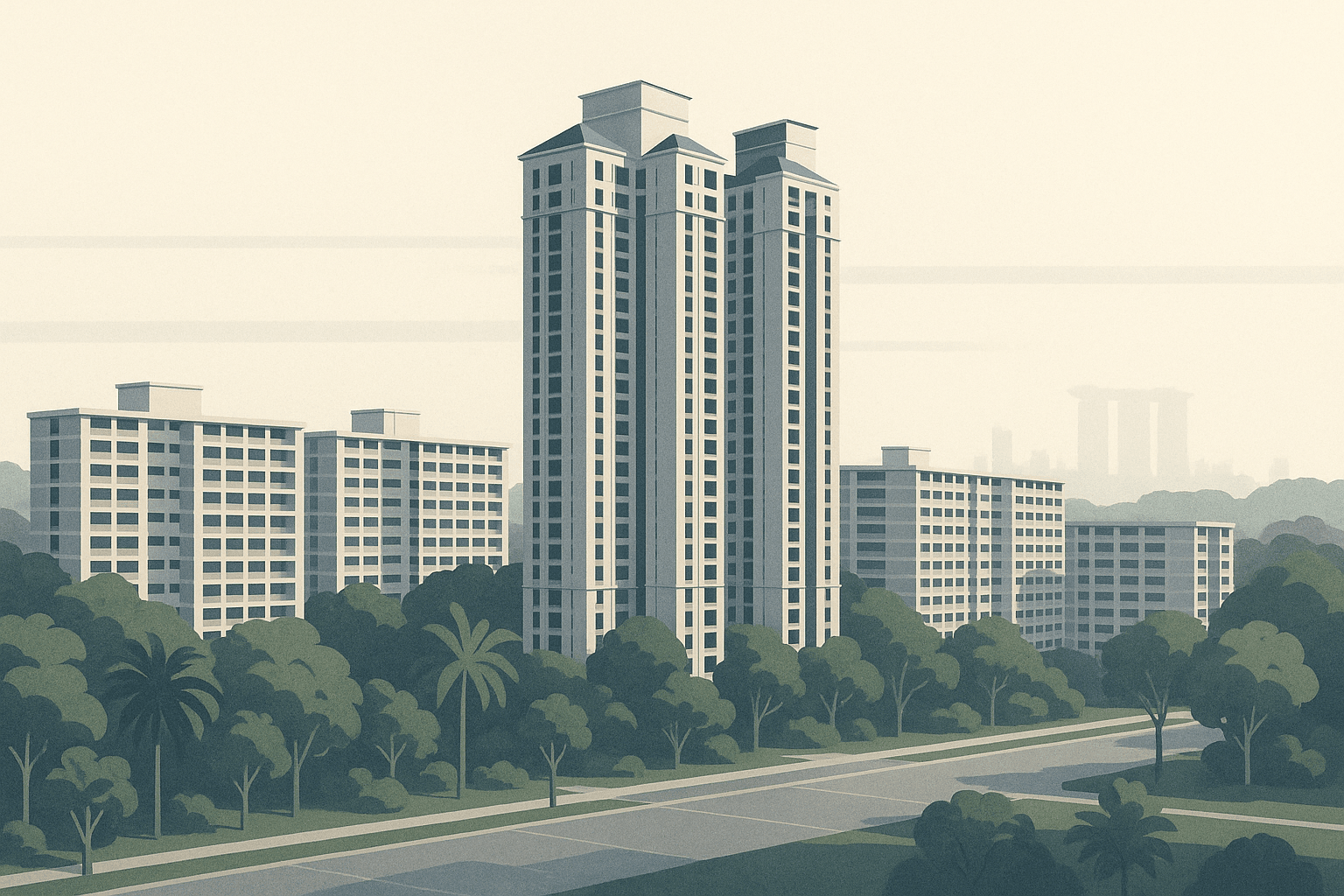 Editorial illustration of Singapore condominium towers and HDB blocks in one calm residential scene with tropical greenery and subtle geometric overlays suggesting structured loan assessment.