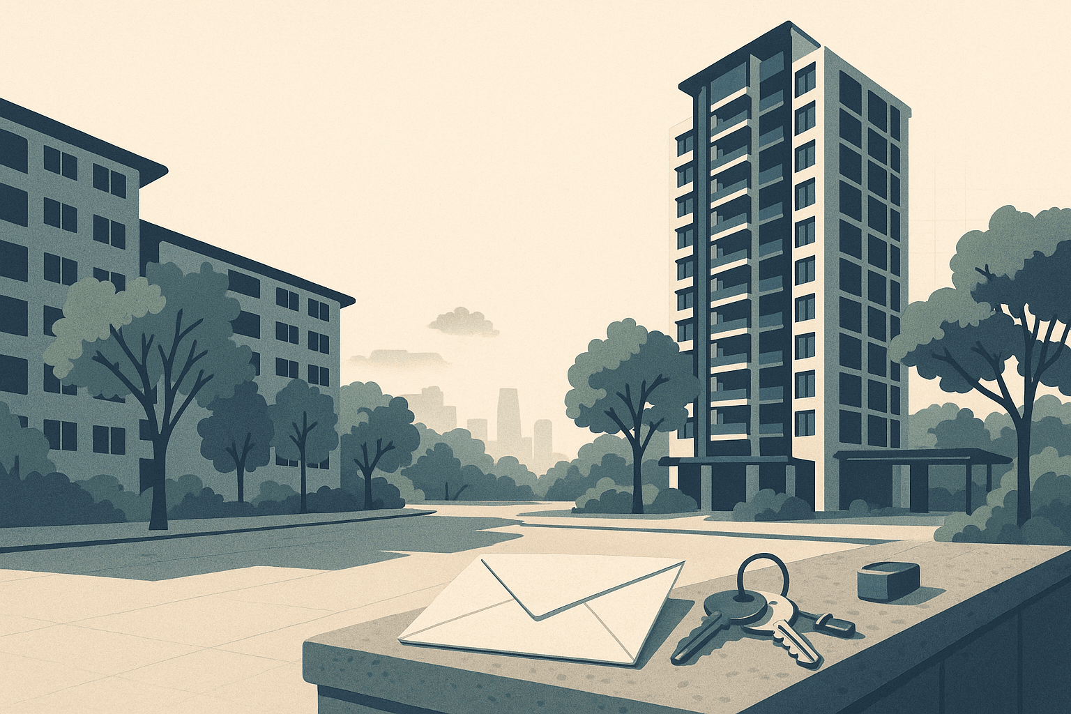 Editorial illustration of a Singapore condo and HDB neighbourhood with a plain envelope and house keys in the foreground, suggesting ongoing home ownership costs.
