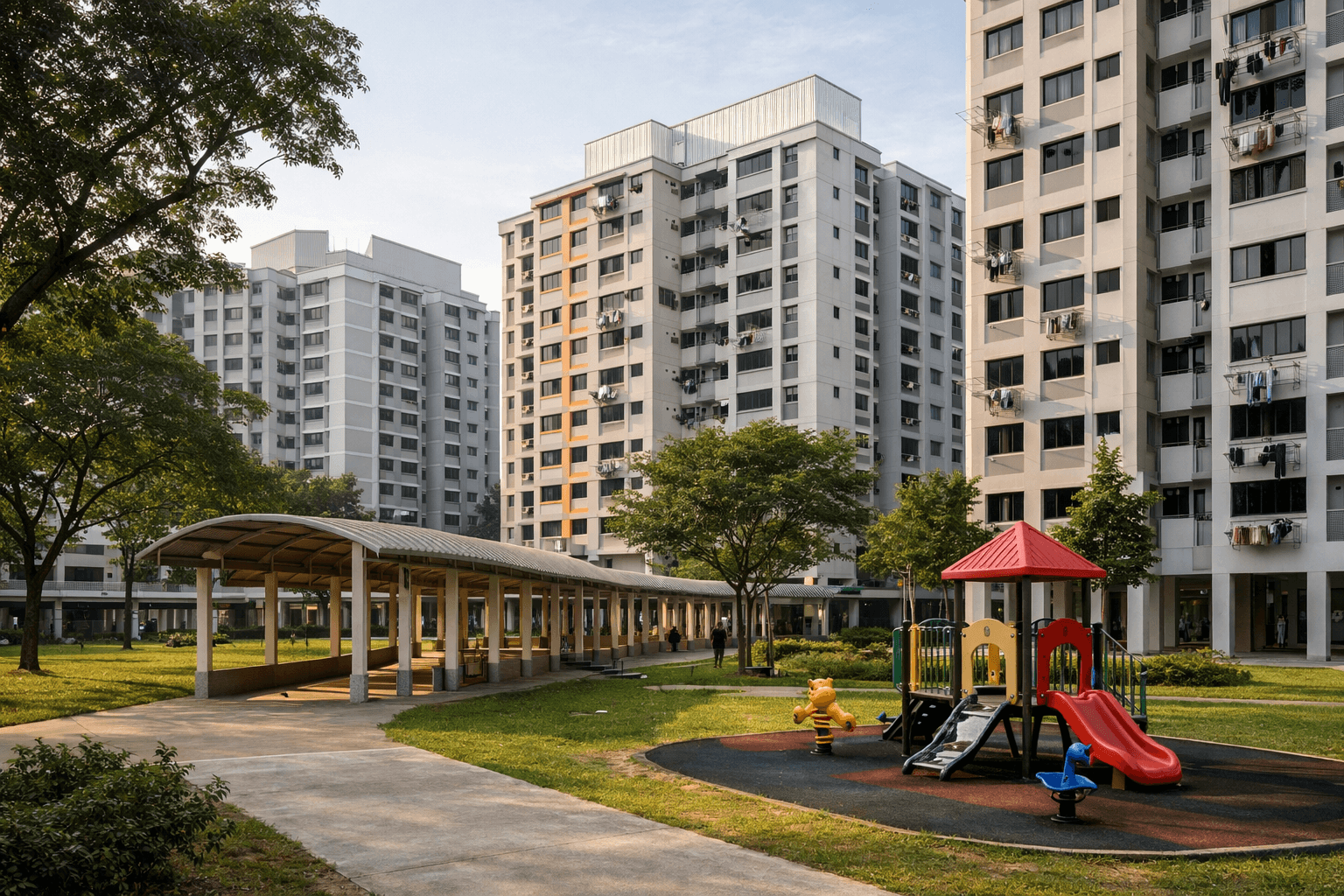 HDB flats in a Singapore housing estate, with a covered walkway and a playground.