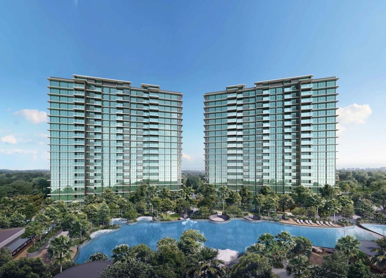 Artist's impression of the two green-glass residential towers at Chuan Park, rising above the development's landscaped gardens and resort lagoon pool in District 19, Singapore.