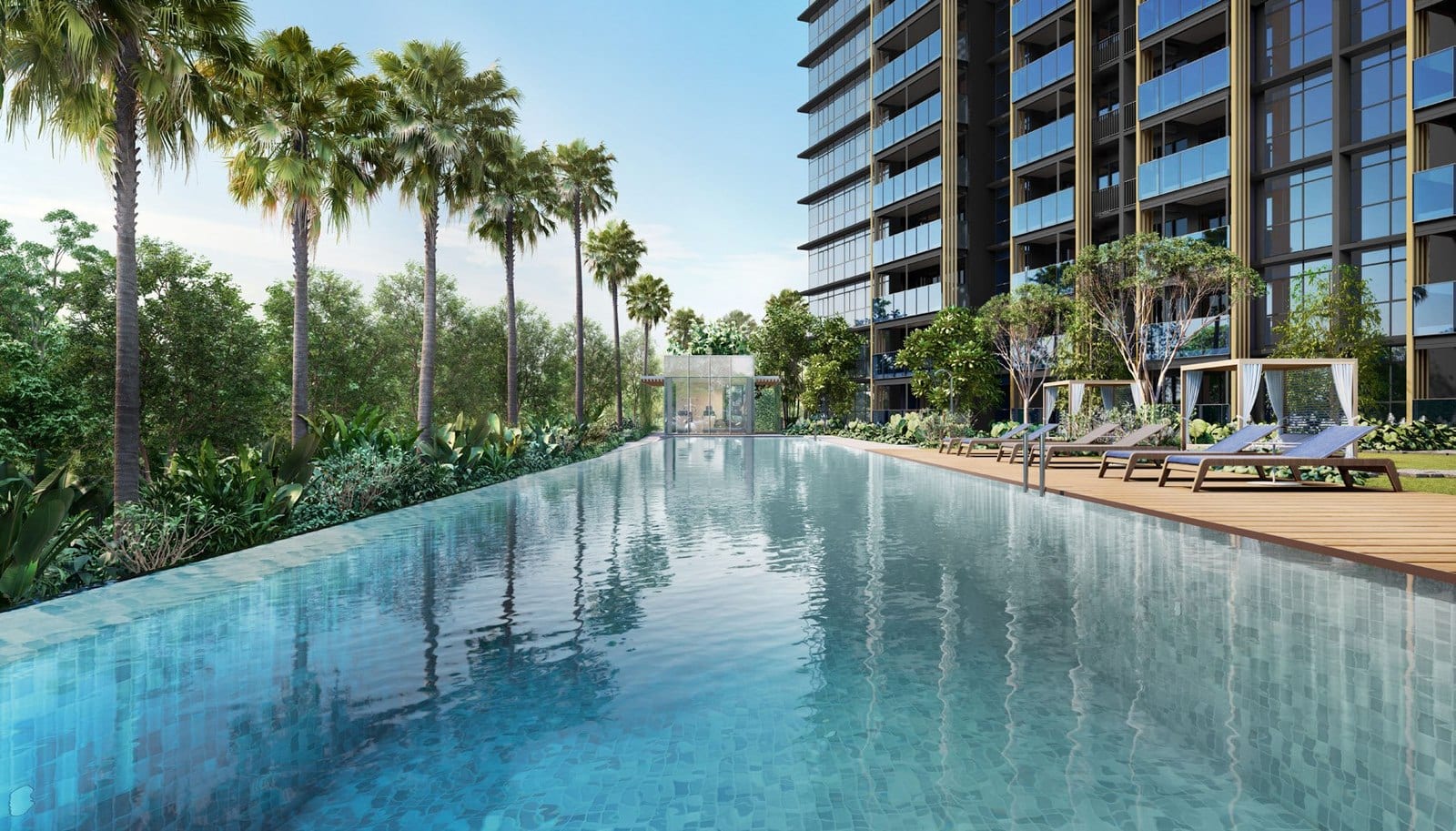 Artist's impression of the Meyer Blue pool deck, with a landscaped lap pool and tall palm trees running alongside the condominium's dark-glass, gold-finned residential facade.