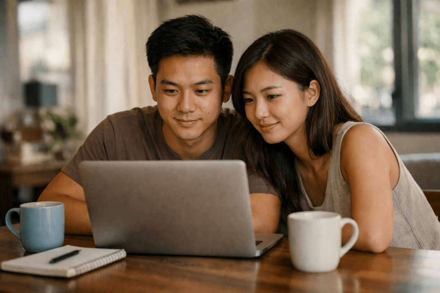 A young Singaporean couple looking at a laptop together at home, planning their first property purchase.