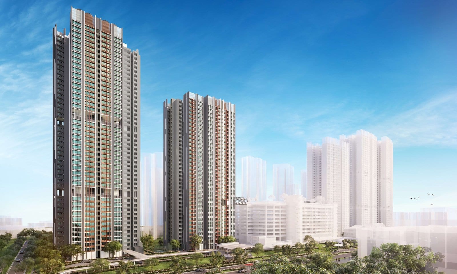 HDB's artist's impression of Alexandra Peaks: tall towers with the city skyline behind.