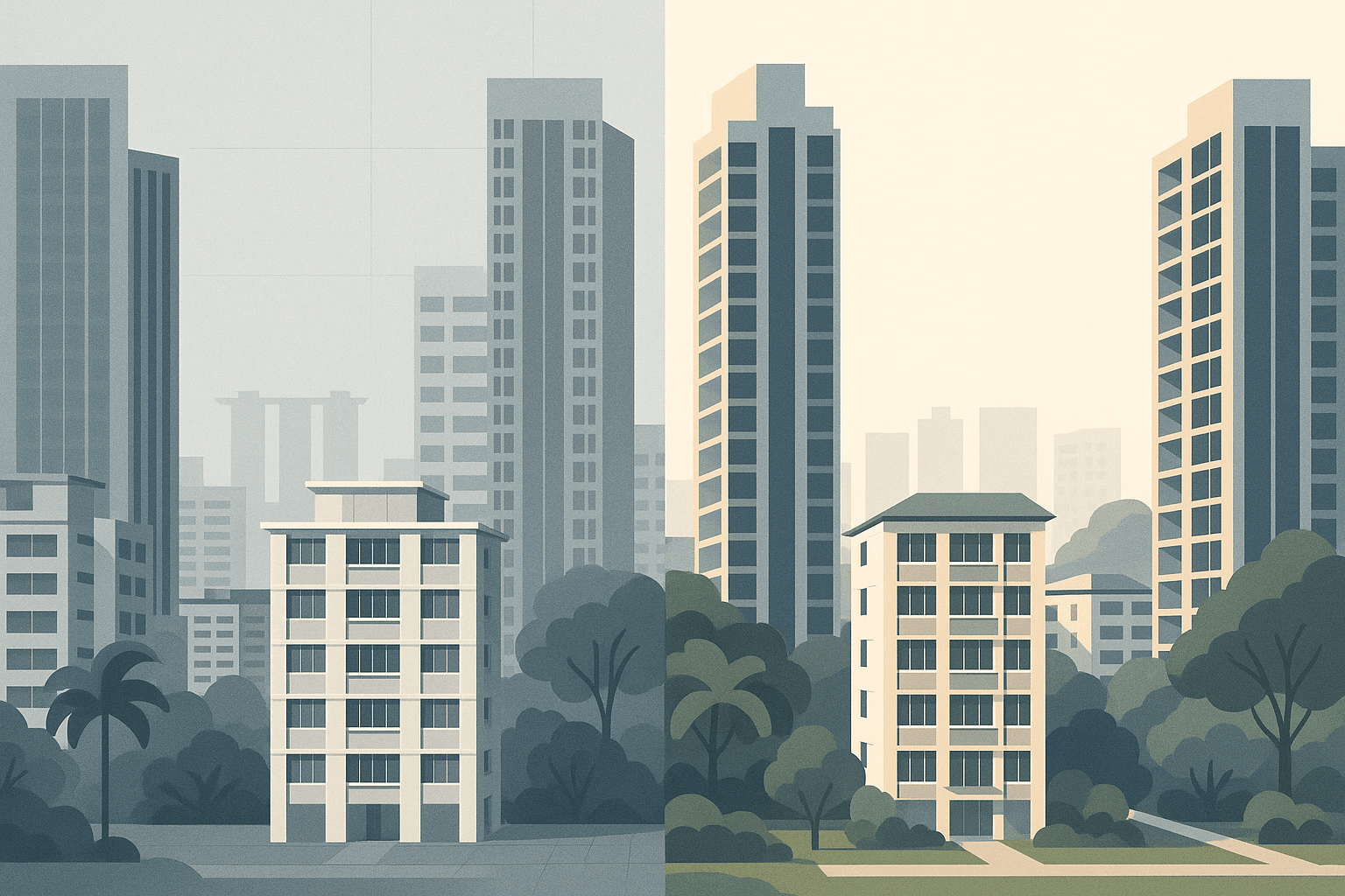 Editorial illustration of a Singapore residential neighbourhood with condo towers and HDB blocks, where one side feels cool and measured and the other side feels warmer and more market-oriented, suggesting two different ways of assessing the same home.