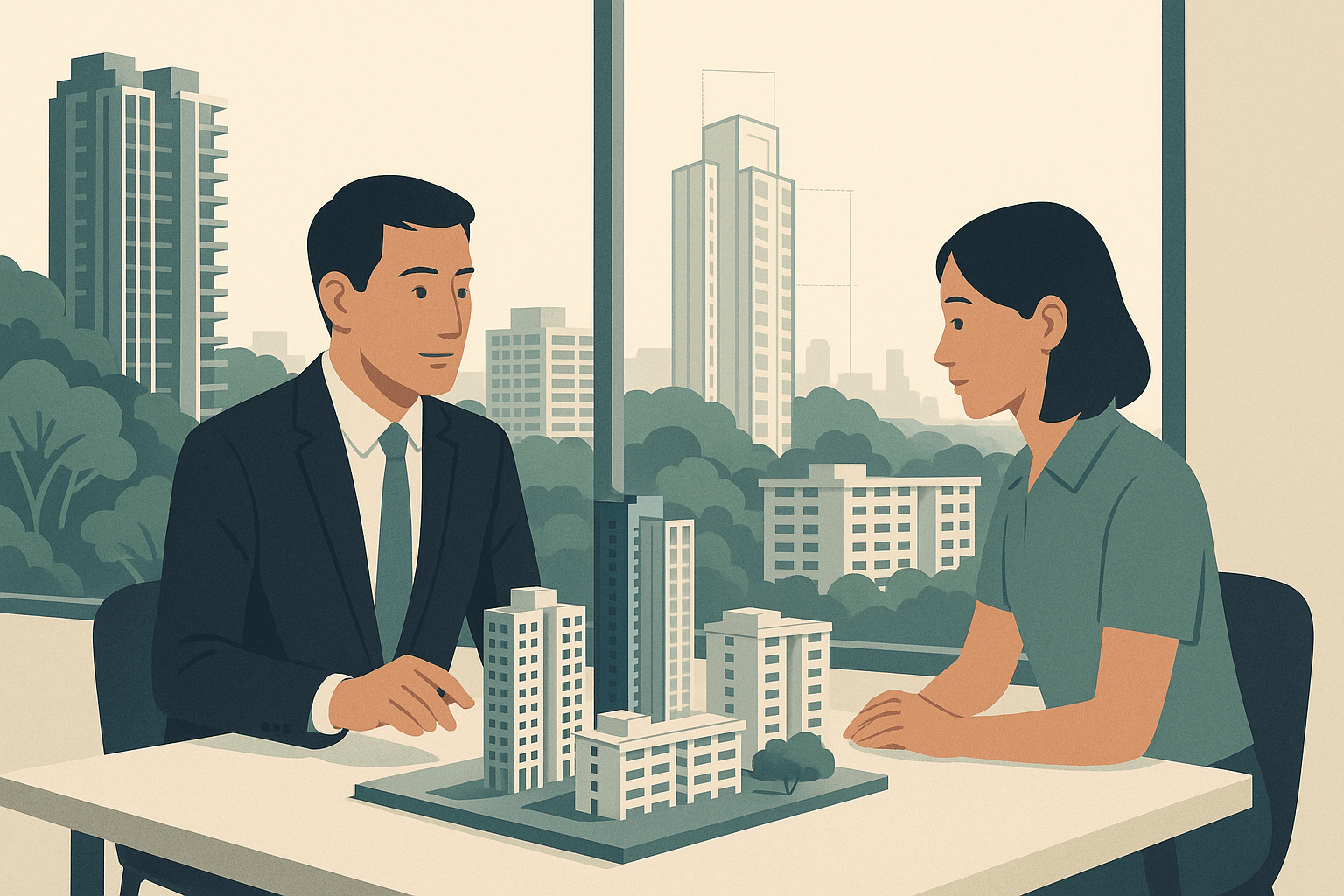 A Singapore property agent and client calmly discussing a residential model beside a window overlooking condominium towers, HDB blocks, and greenery.