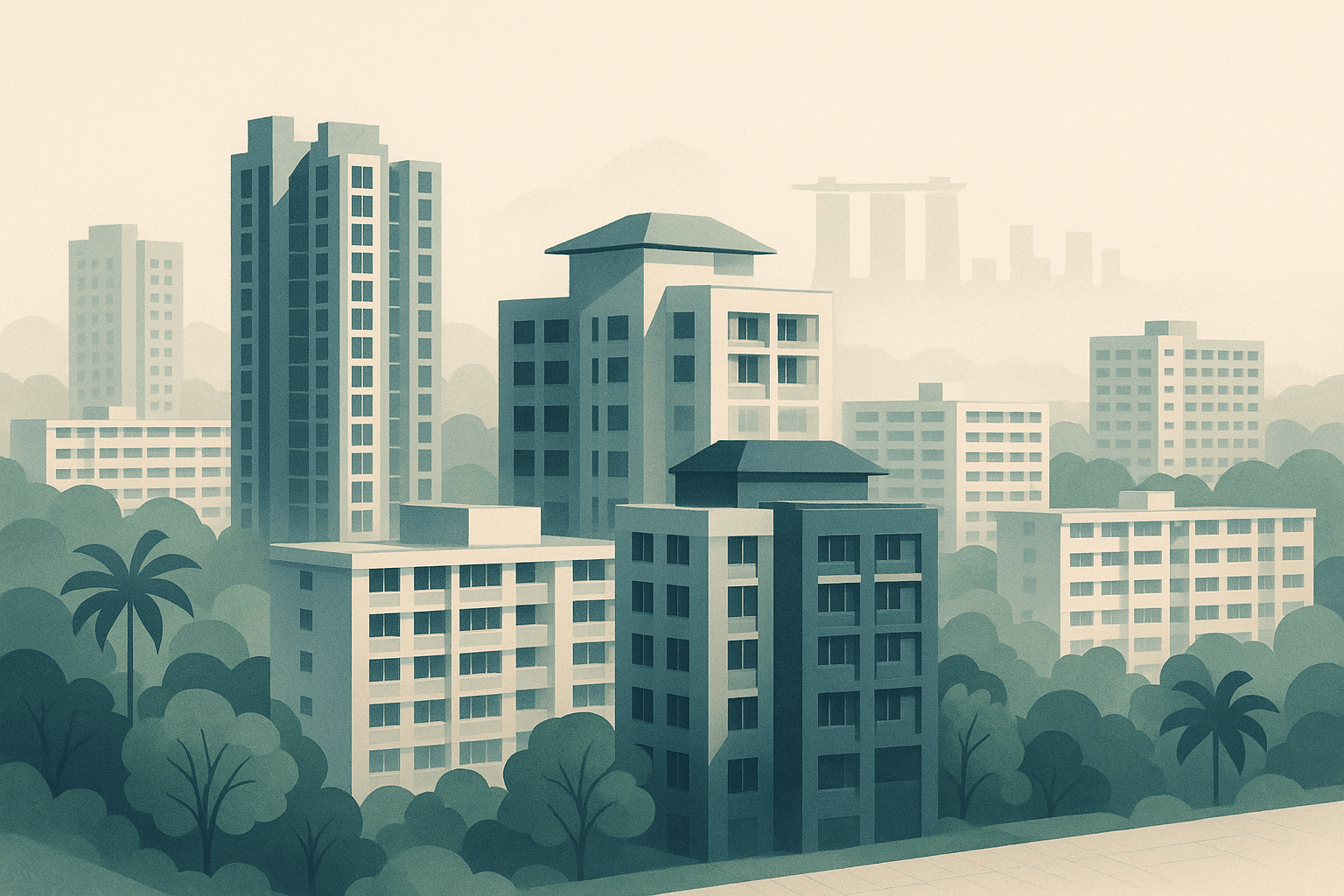 Editorial illustration of Singapore condominium towers and HDB blocks with tropical greenery, featuring a central building cluster with layered architectural outlines that suggest an opening expectation settling into an actual market outcome.