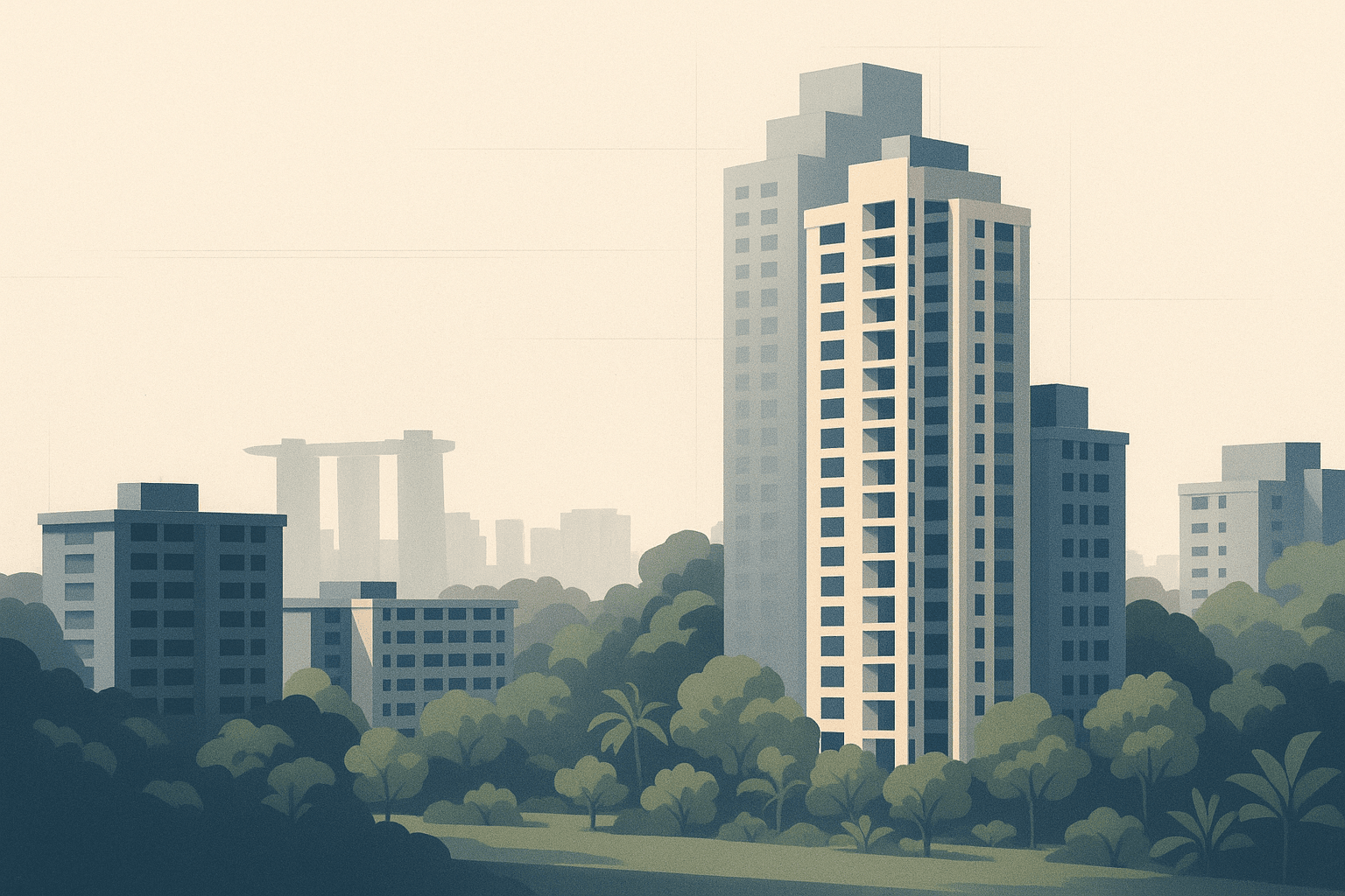 A calm Singapore residential skyline with condo towers and HDB blocks in soft light, featuring one main building subtly echoed by a smaller geometric silhouette to suggest two different views of the same property.