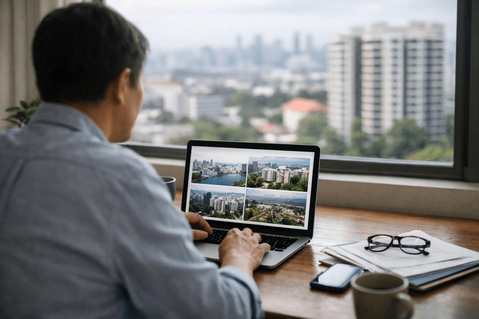 A person analysing Singapore property investment options on a laptop at a desk, with a city view behind.