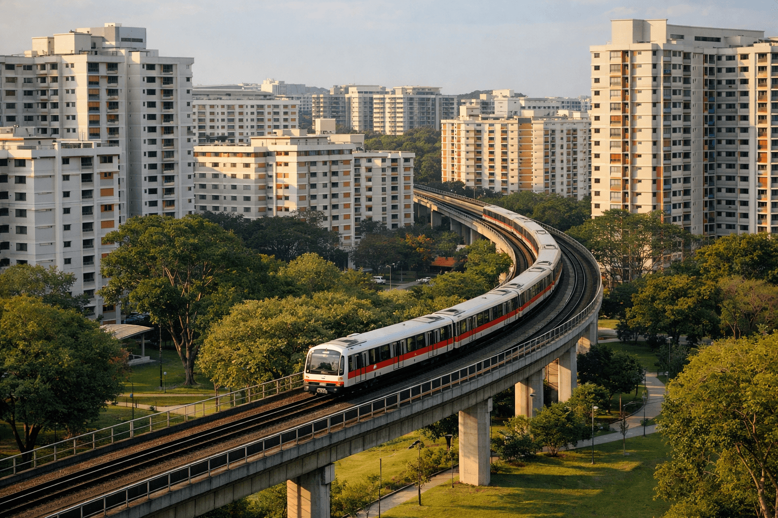 An elevated view over a Singapore HDB estate with an elevated MRT line curving between the blocks, trees and a park in the foreground.