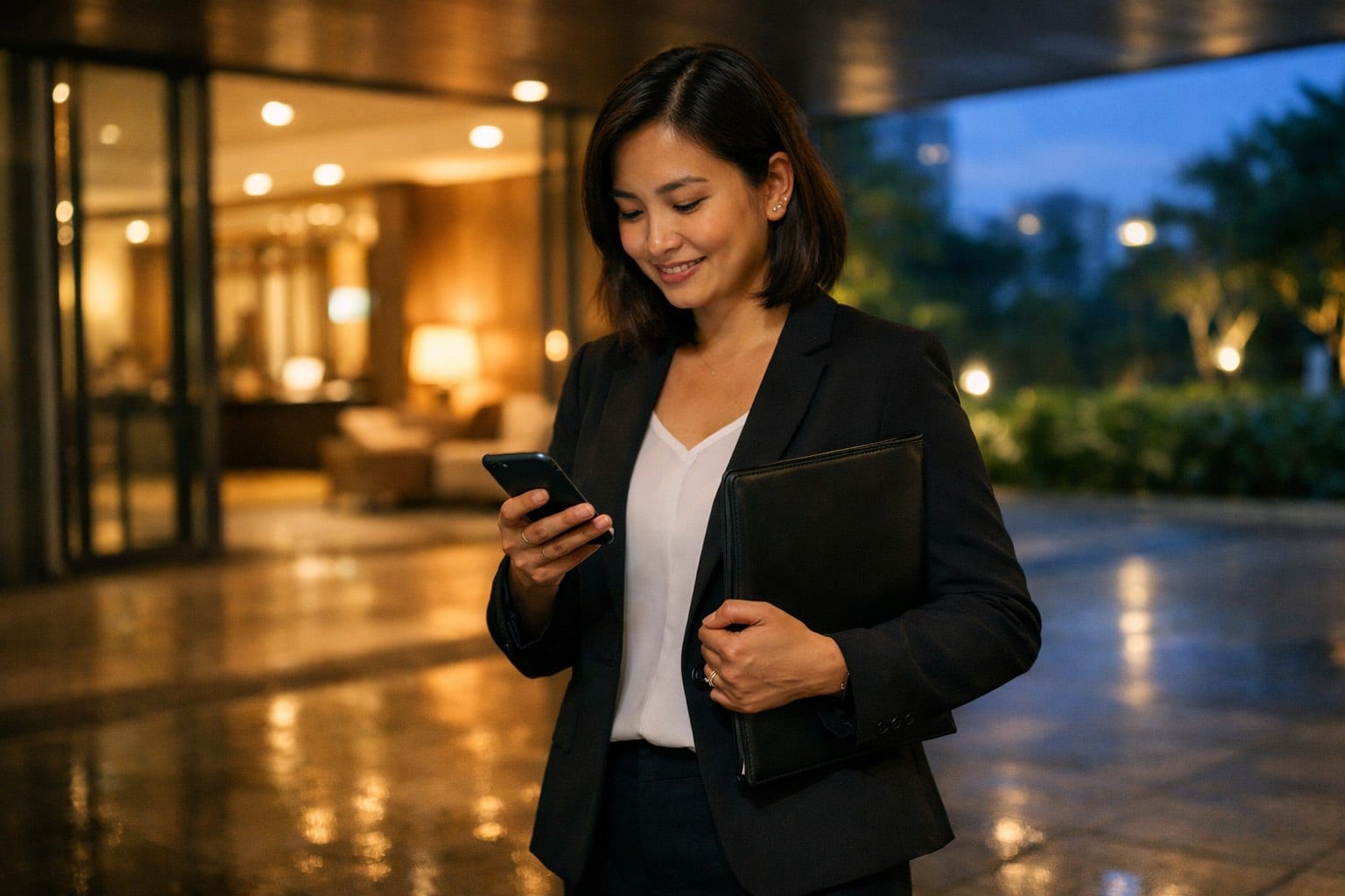 A property agent replying to messages on a phone while waiting outside a condominium lobby in the evening.