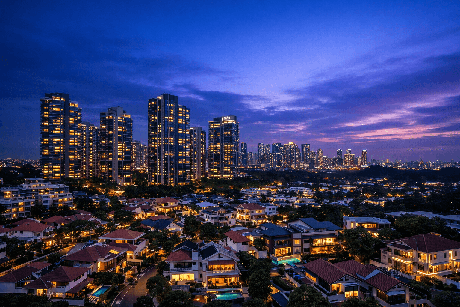 A grand gated Good Class Bungalow in Singapore in warm prestigious light.