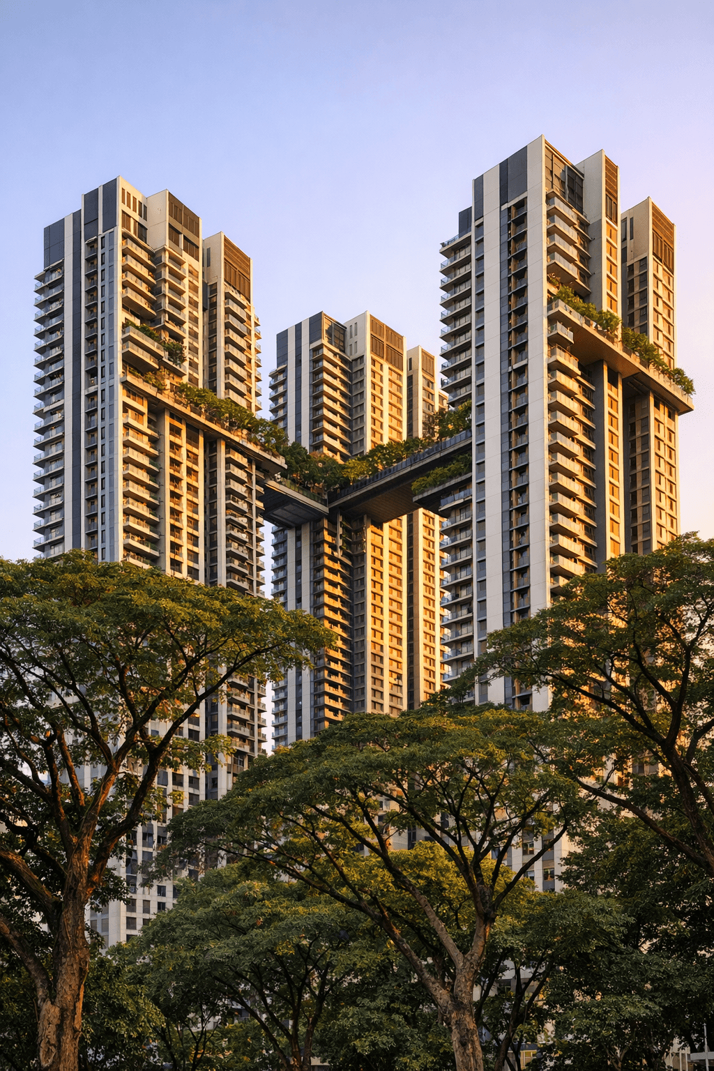 Tall 40-storey public housing blocks in a mature Singapore estate at golden hour