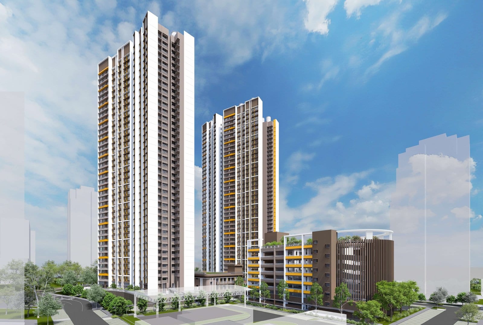 HDB's artist's impression of Bishan Terraces: a tall slim block beside low-rise buildings.