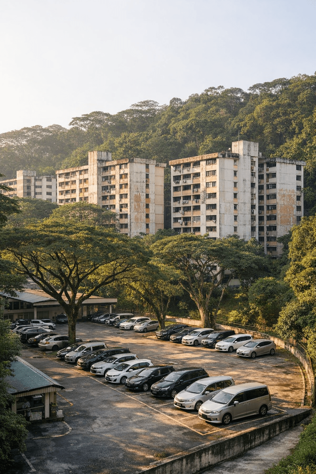 An ageing 1980s low-rise Singapore condominium estate on a leafy hill, with weathered facades and mature trees