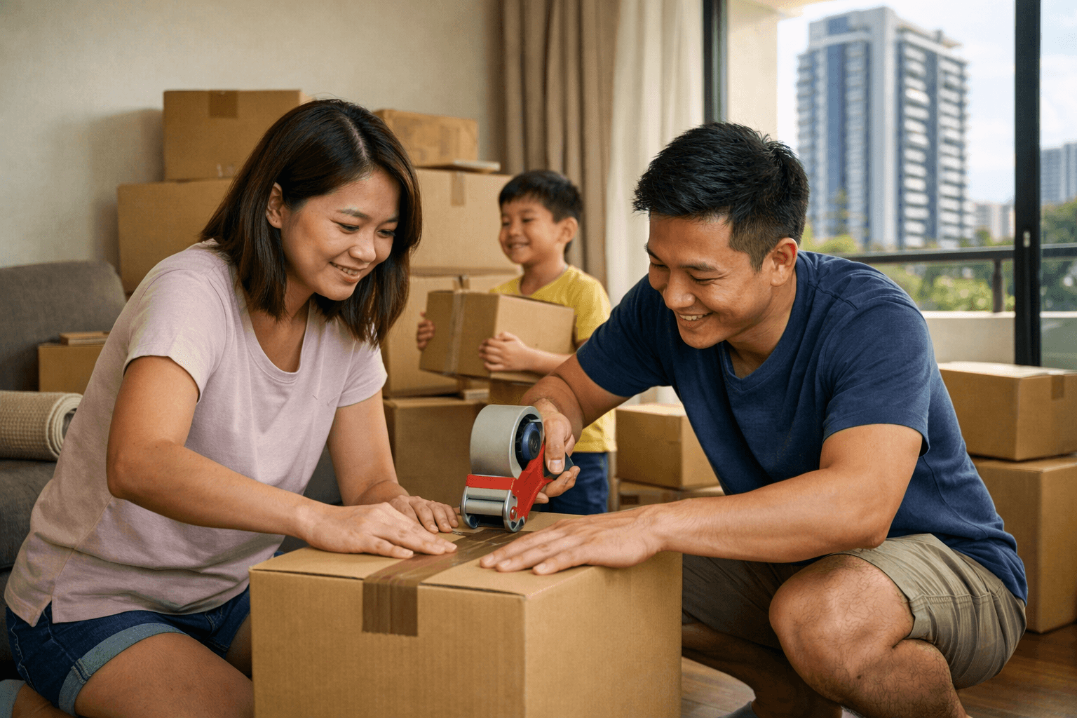 A family packing moving boxes in the living room of an HDB flat, with a new condo visible outside.