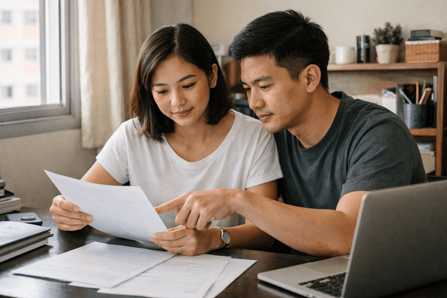 A couple reviewing documents together at a desk with a laptop.