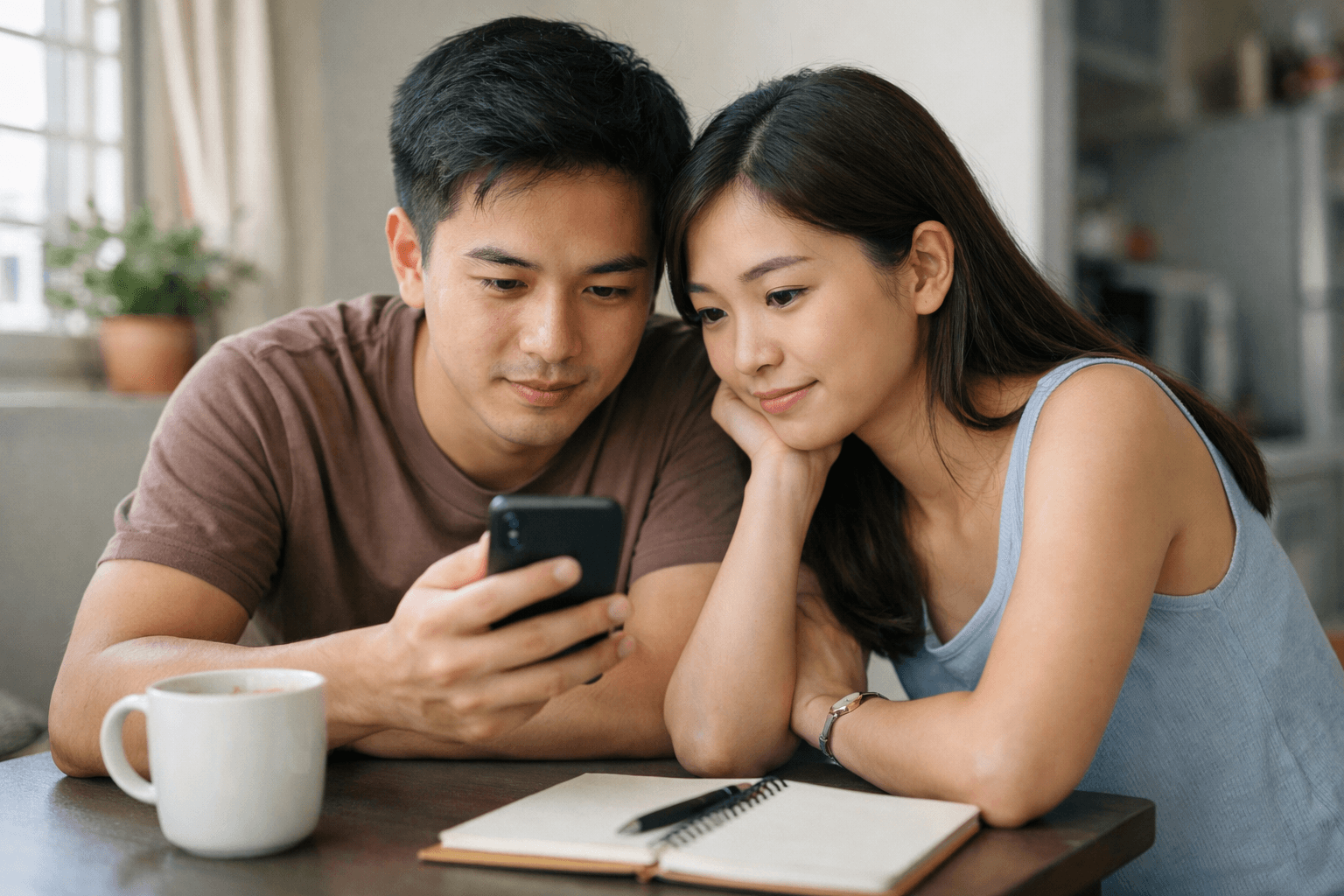 A young couple checking a phone together at a table in an HDB flat.
