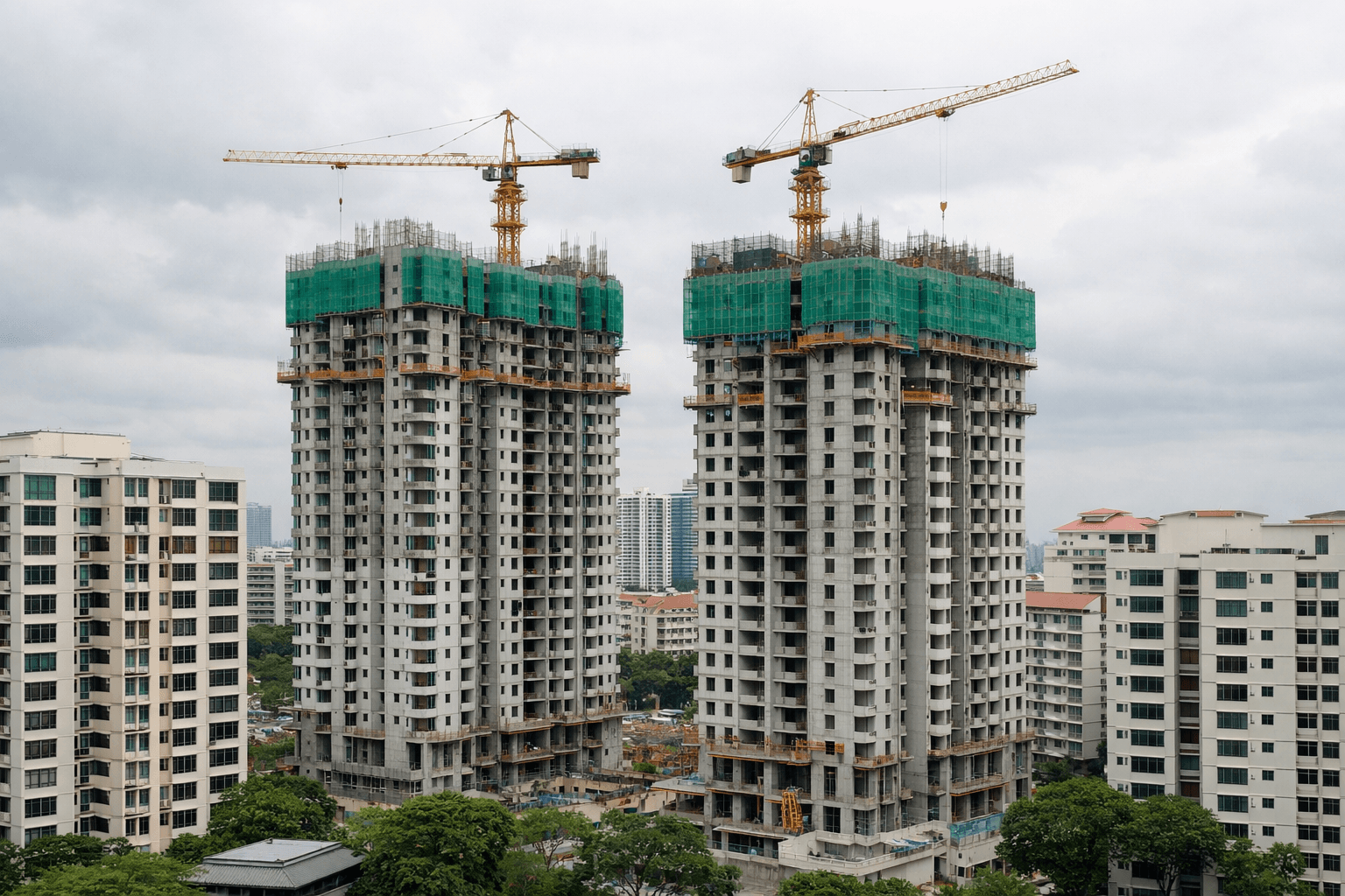 HDB blocks under construction with tower cranes against an overcast sky.