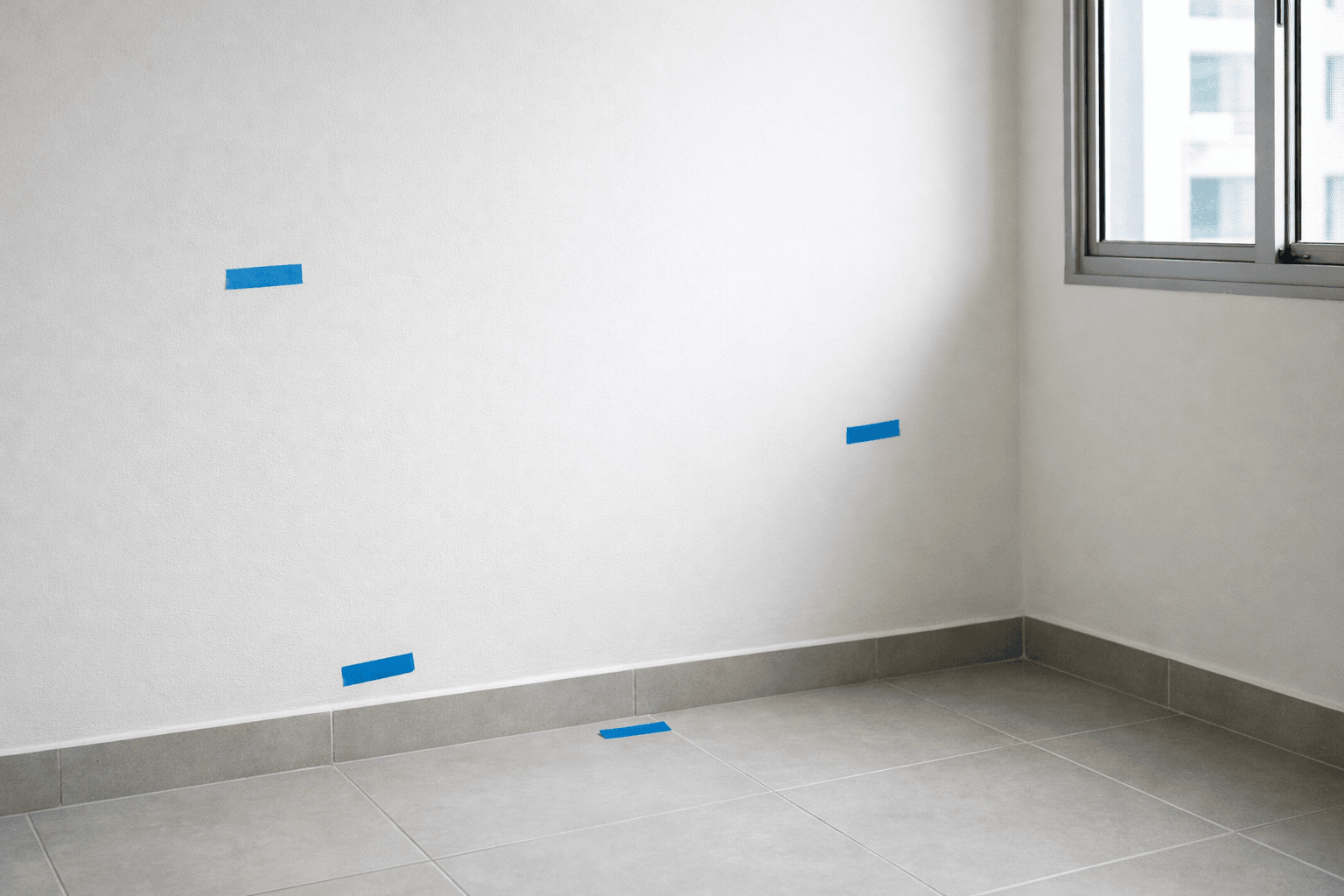 A wall and tiled floor in an empty new HDB flat, with small pieces of blue tape marking spots to be repaired.