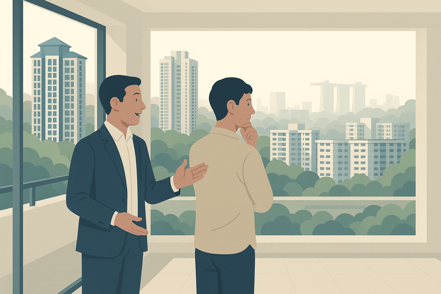A Singapore property agent and a thoughtful buyer stand by a bright apartment window, looking out over a calm cityscape of condo towers, HDB blocks, and tropical greenery.