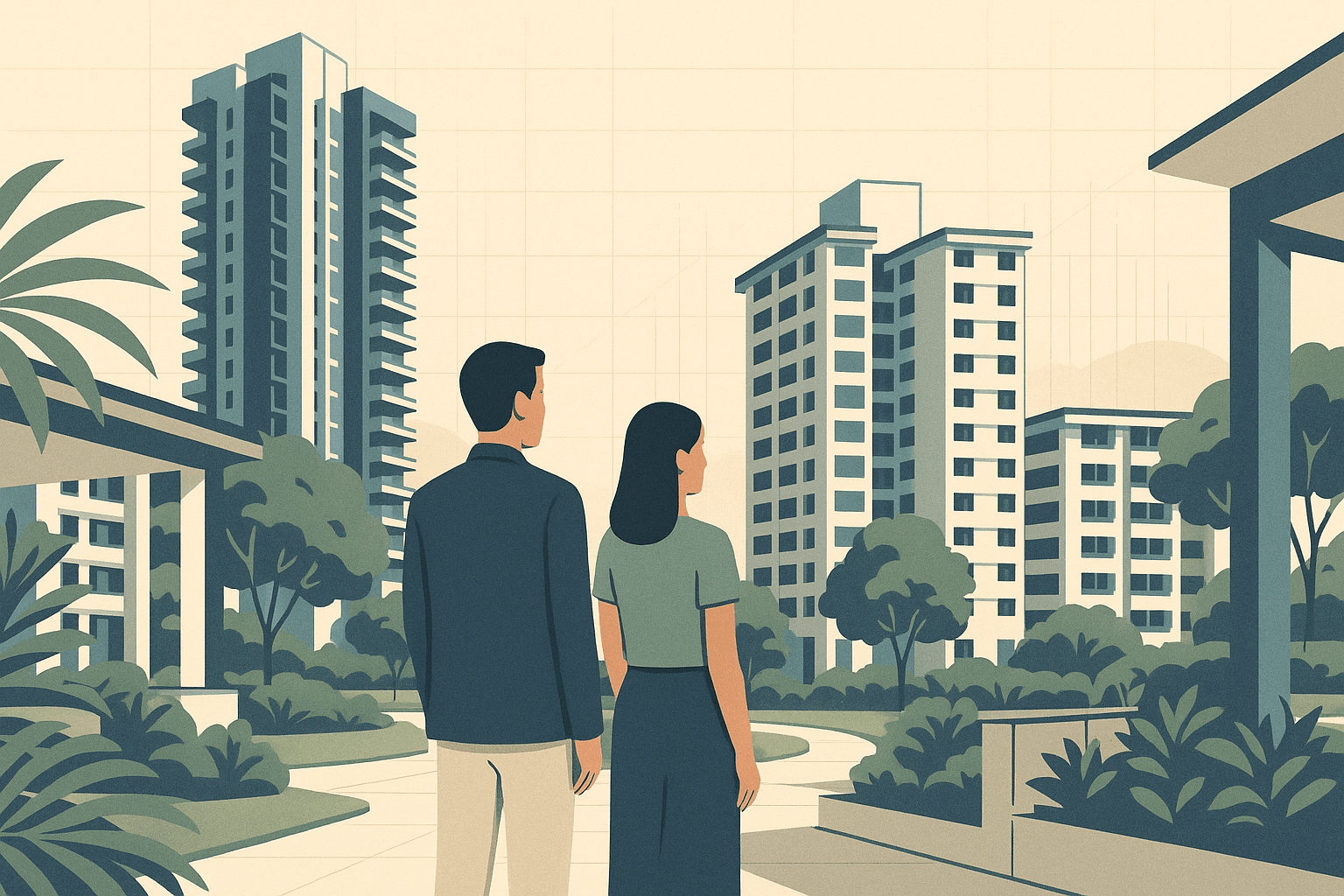 A couple stands in a landscaped Singapore residential setting, looking toward a calm mix of condominium towers and HDB blocks with tropical greenery and a faint city skyline in the distance.
