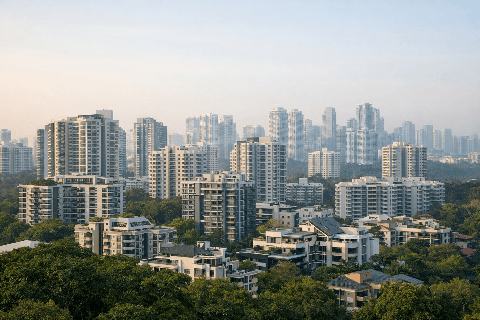 A Singapore private residential skyline in soft daylight, representing long-term property price history.