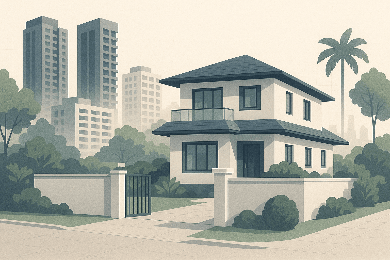 A contemporary Singapore landed home behind a subtle gate, with condo towers, HDB blocks, and tropical greenery in a calm editorial cityscape.