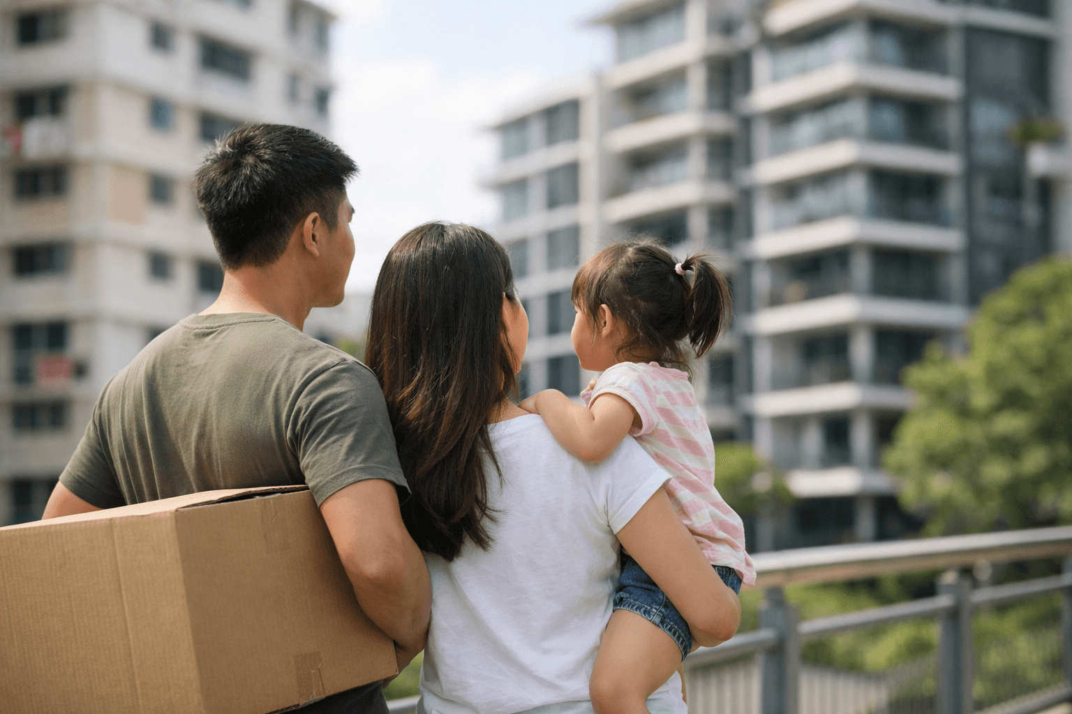 A young Singaporean family on moving day, upgrading from an HDB flat to a private condominium.