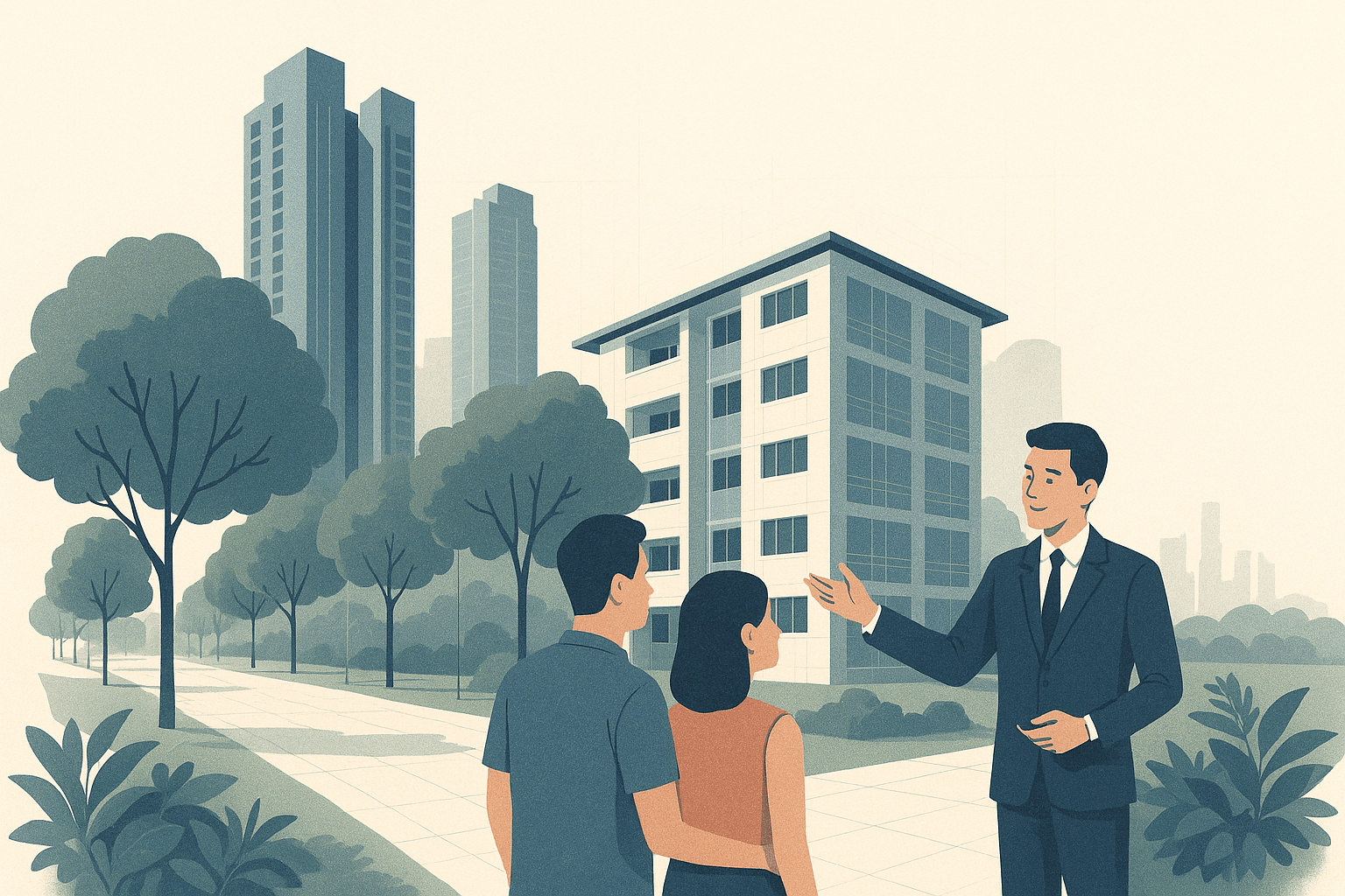 A property agent speaking with a couple along a landscaped walkway beside an HDB estate, with condominium towers and a faint Singapore skyline in the background.