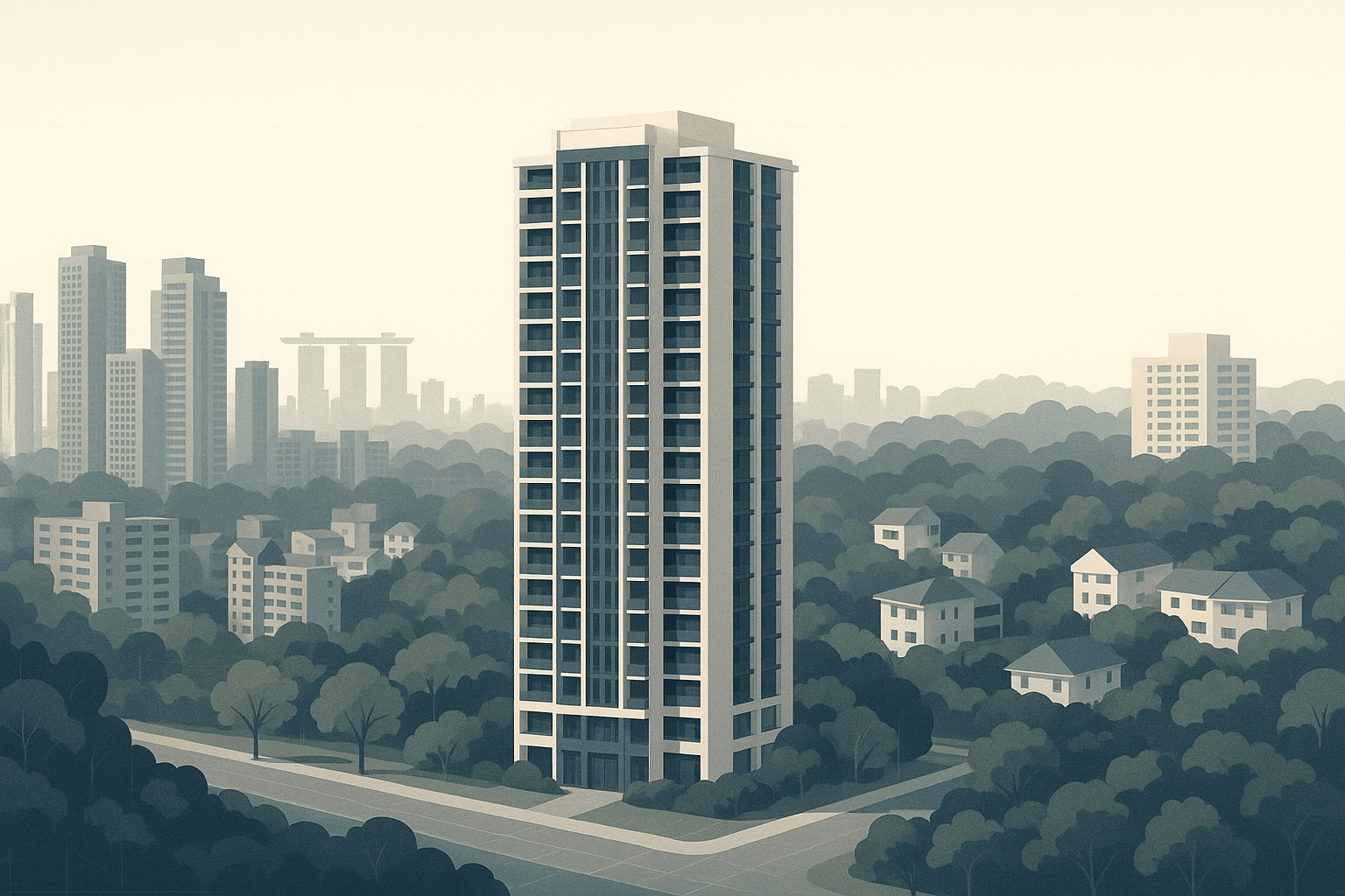 Editorial illustration of a Singapore residential cityscape transitioning from denser central condo towers to greener suburban condos and HDB blocks, with a faint skyline in the distance.