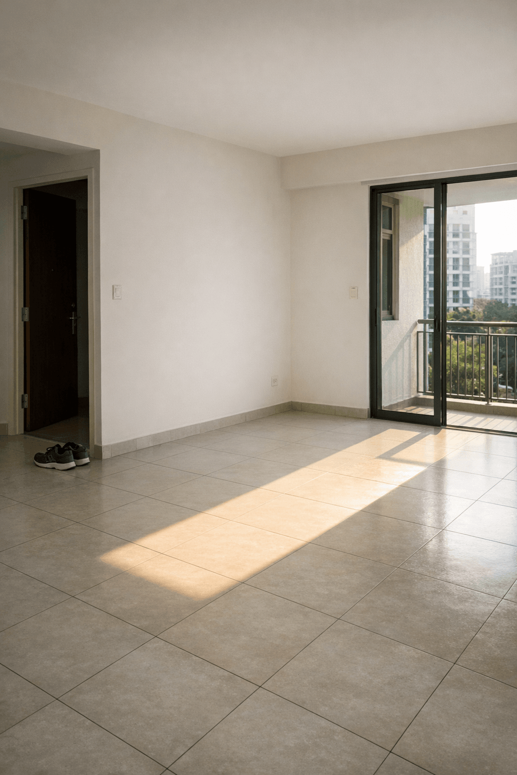 An empty unfurnished Singapore condominium living room with bare white walls during a late-afternoon viewing
