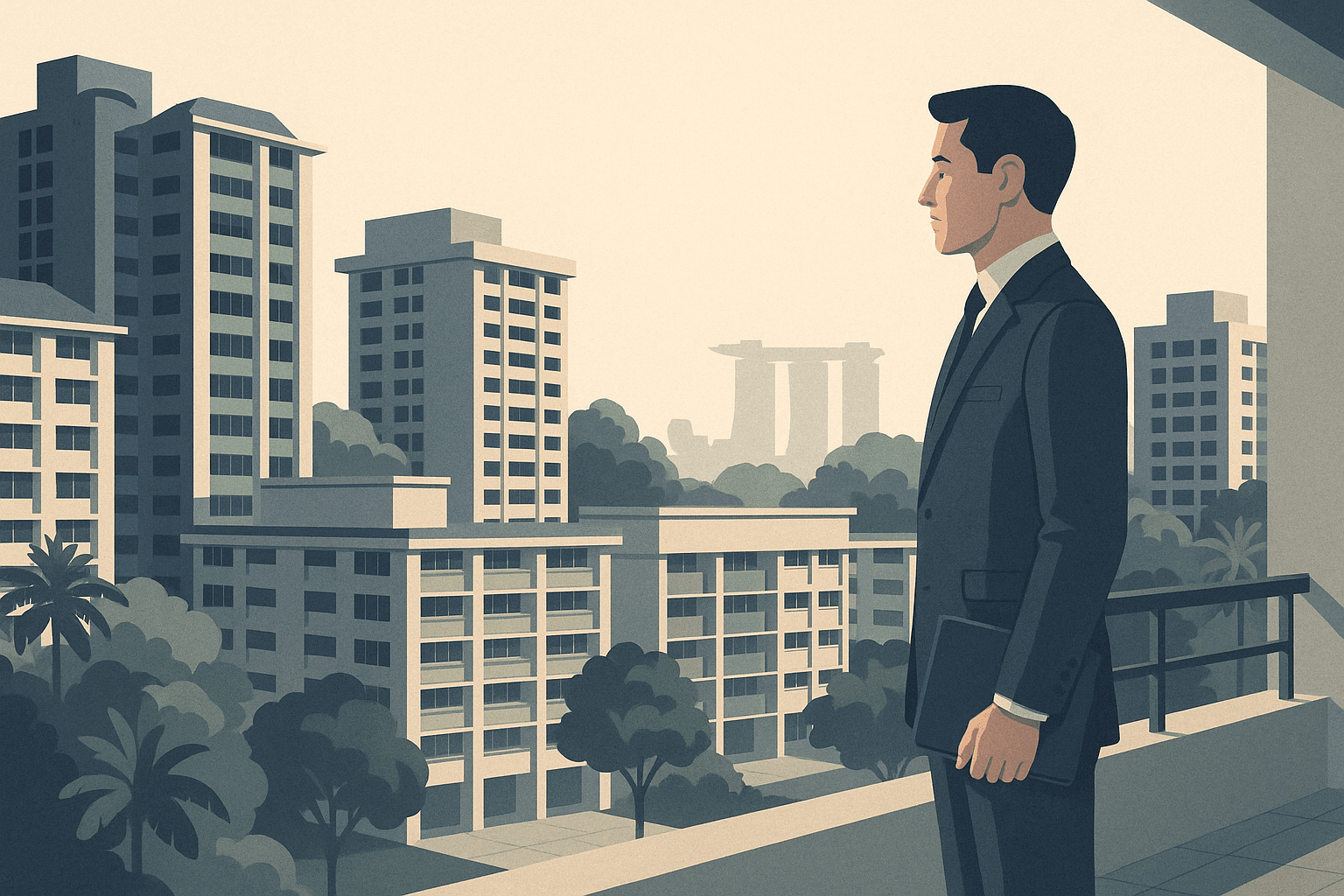 A professionally dressed property agent stands on a quiet terrace overlooking a Singapore neighbourhood of condominium towers and HDB blocks, holding a plain folio in a calm, thoughtful pose amid soft morning light and tropical greenery.