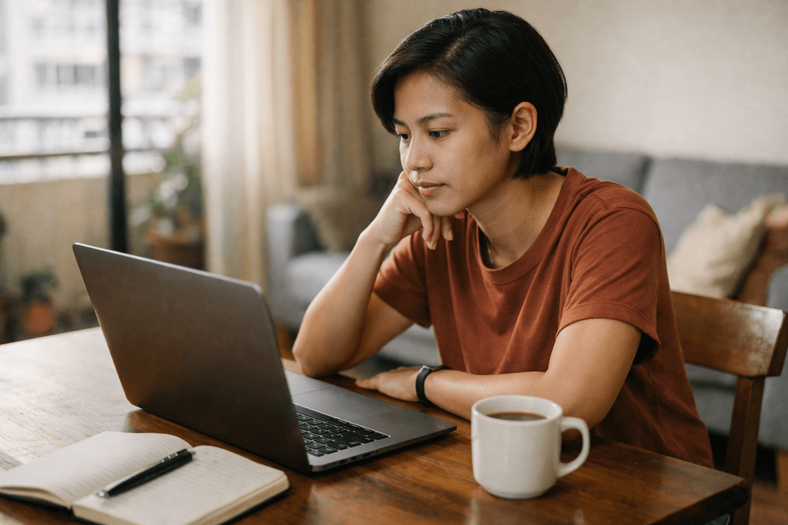 A person at home in Singapore researching a property decision on a laptop, with a notebook and coffee on the table.