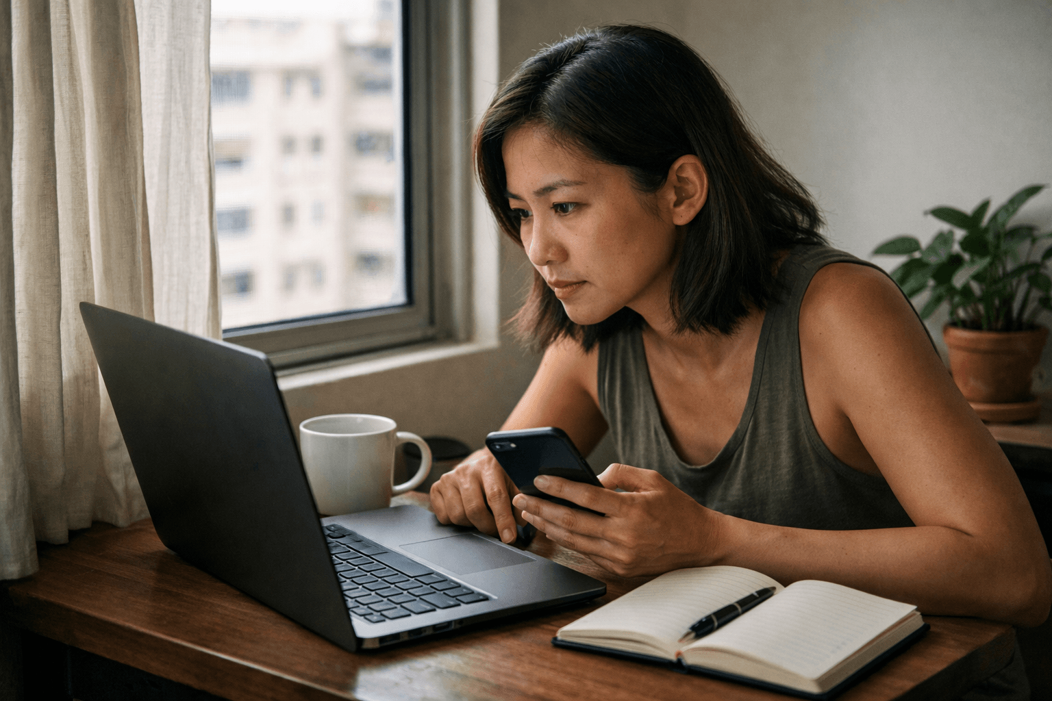 A person checking property records on a laptop at home, with a mobile phone beside it.