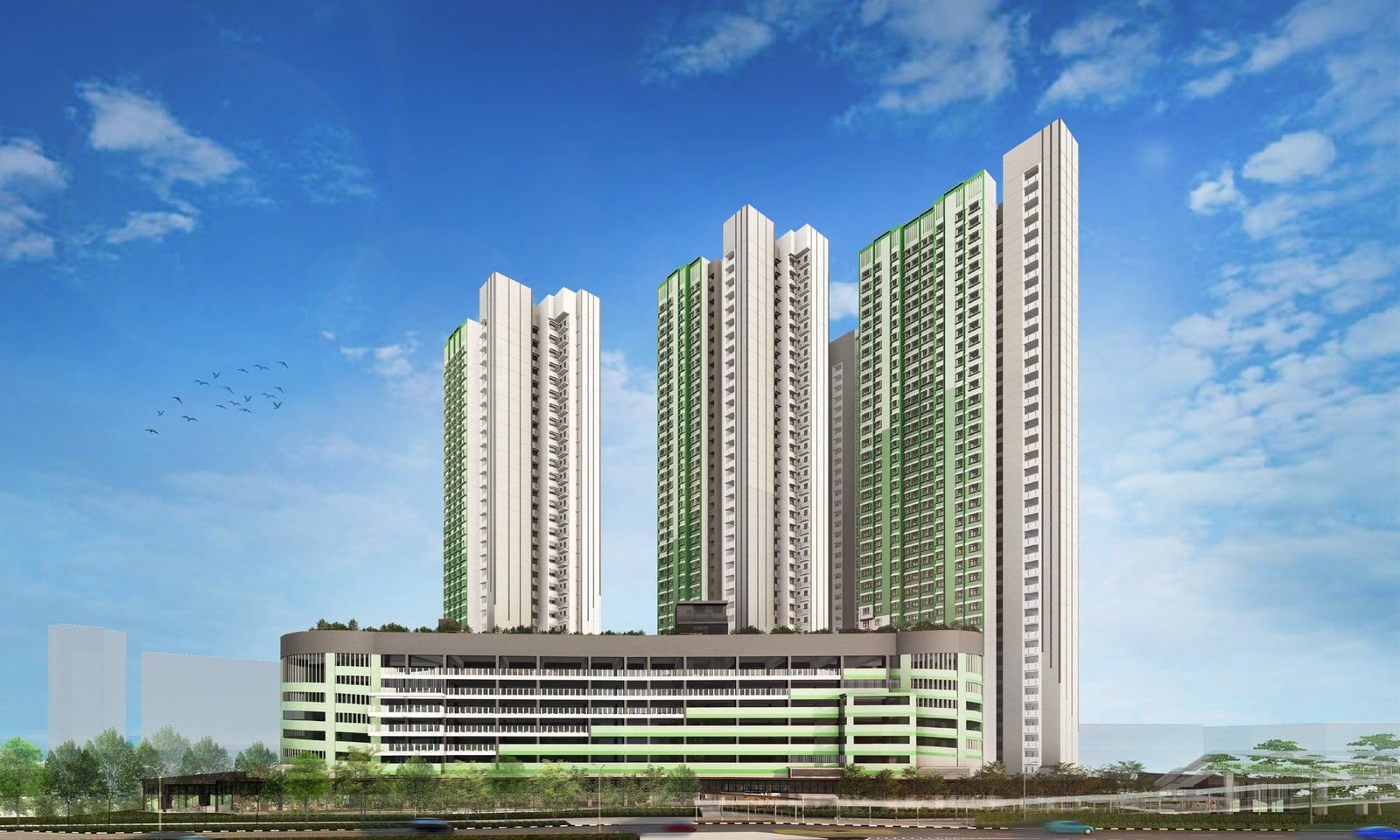 HDB's artist's impression of Clementi Emerald: tall blocks with green accents above a podium.