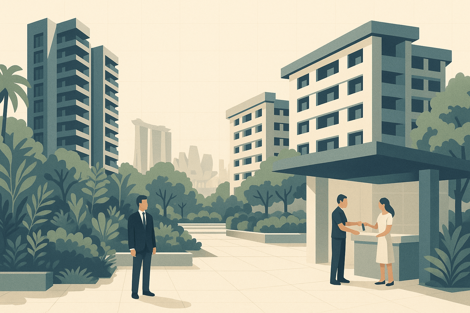 Illustrated Singapore residential plaza with condominium towers and HDB blocks, where a property agent stands aside while two parties make a direct handover near a lobby, framed by tropical greenery and a faint city skyline.
